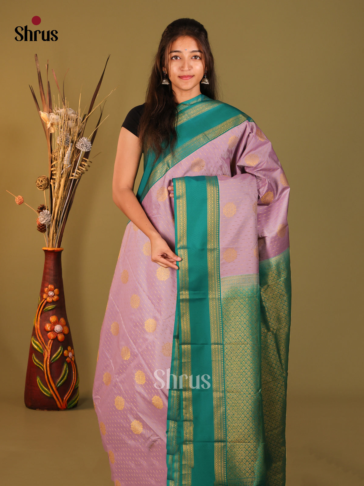 Lavender & Green - Semi Kanchipuram Saree - Shop on Shrus.com