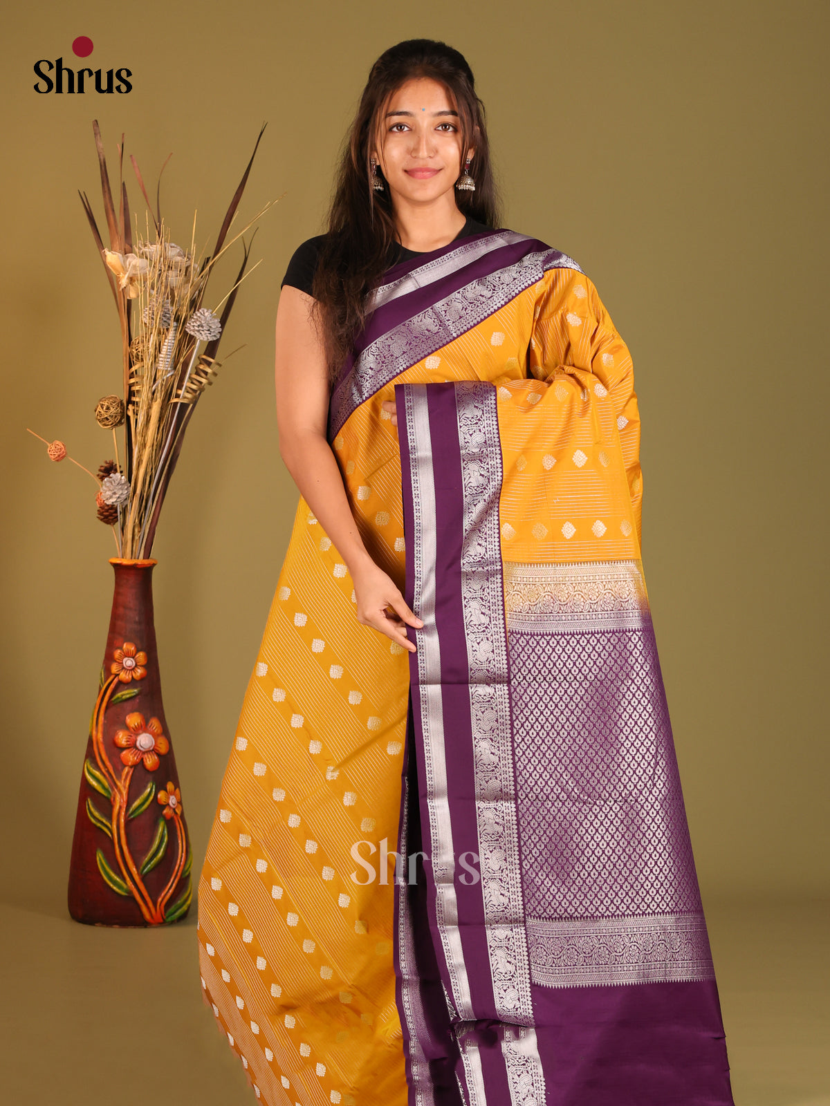 Yellow & Violet - Semi Kanchipuram Saree - Shop on Shrus.com