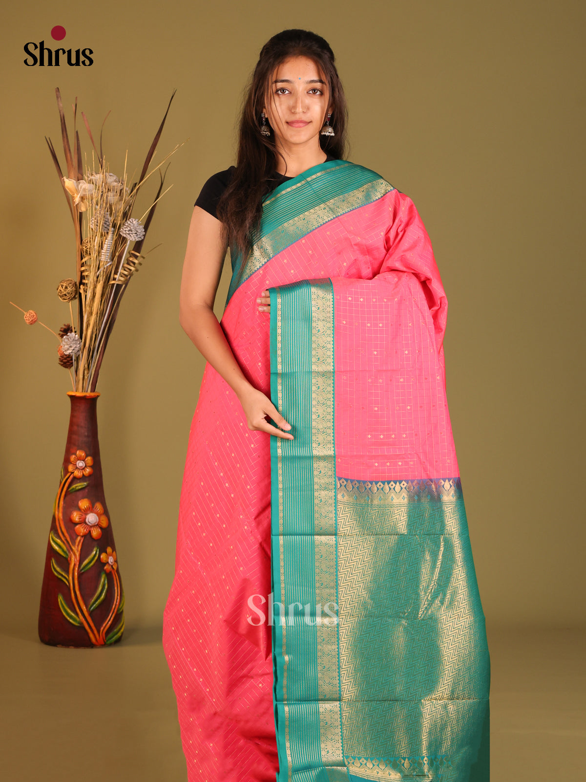 Pink & Green - Semi Kanchipuram Saree - Shop on Shrus.com