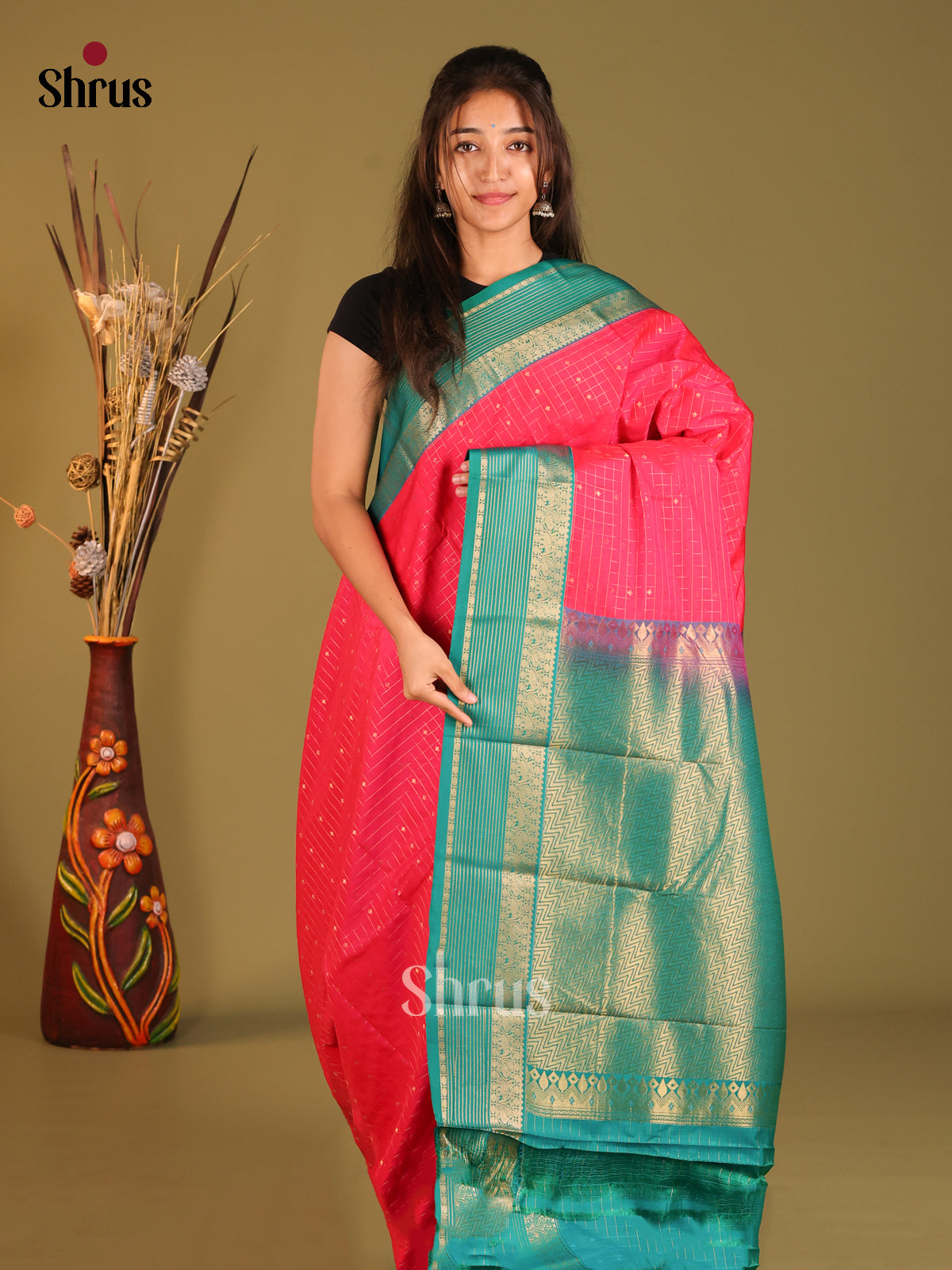 Pink & Green - Semi Kanchipuram Saree - Shop on Shrus.com