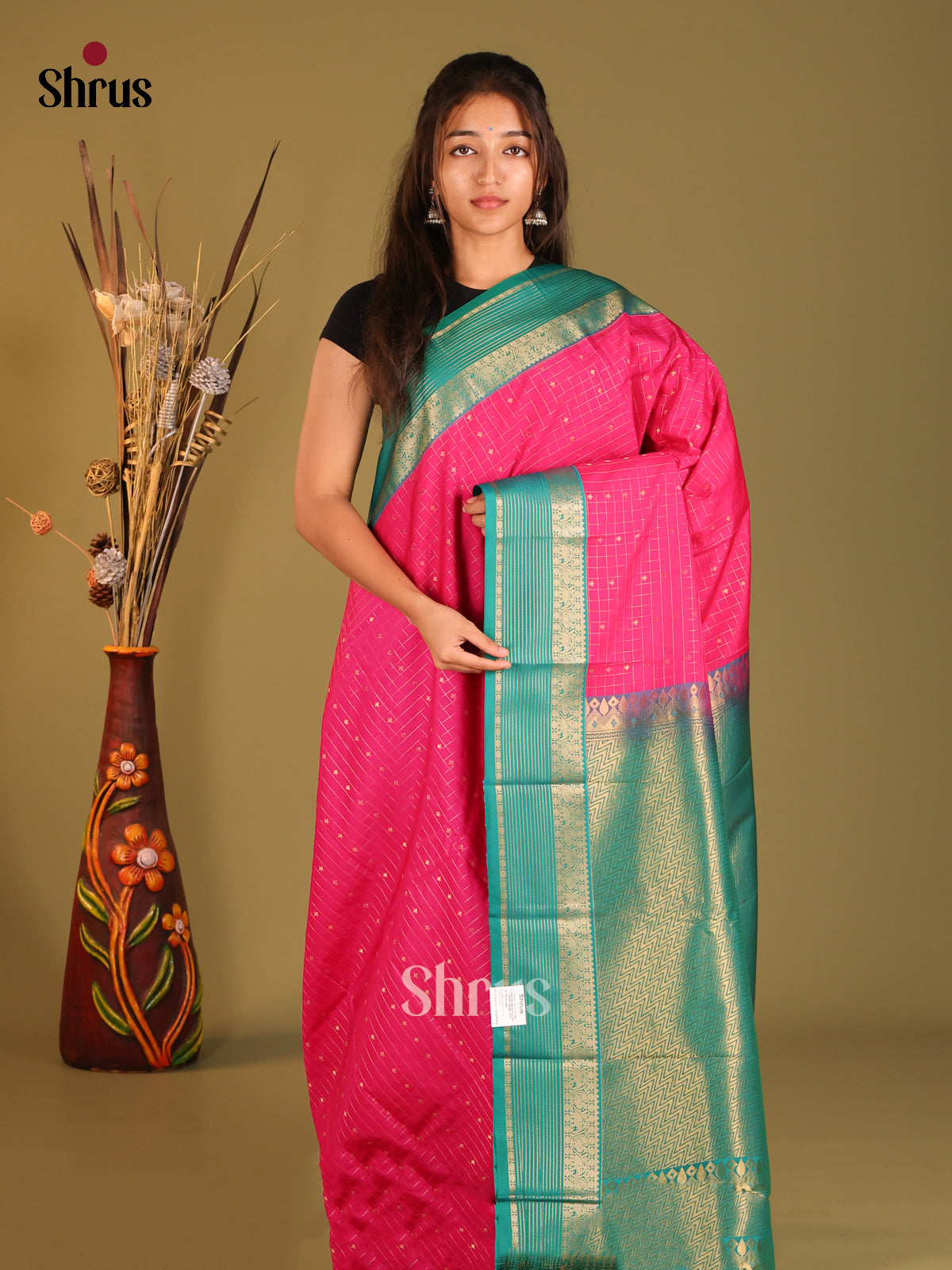 Pink & Green - Semi Kanchipuram Saree - Shop on Shrus.com