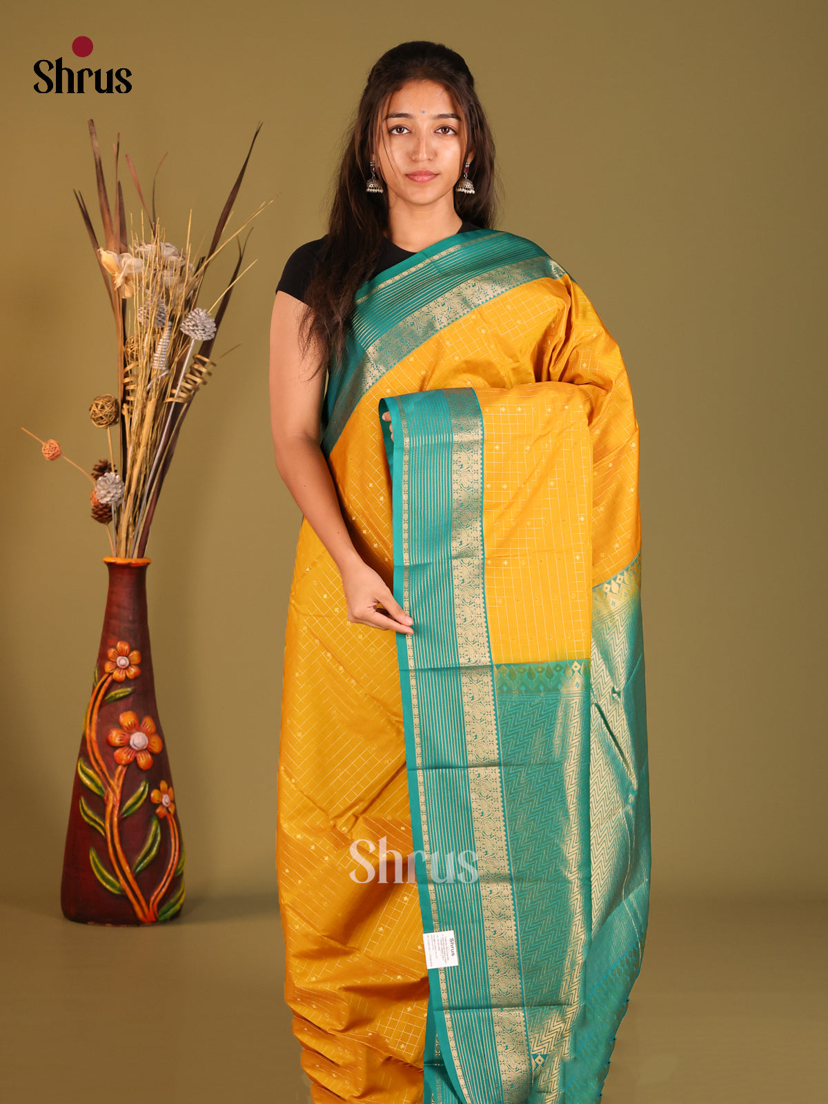 Yellow & Green - Semi Kanchipuram Saree - Shop on Shrus.com