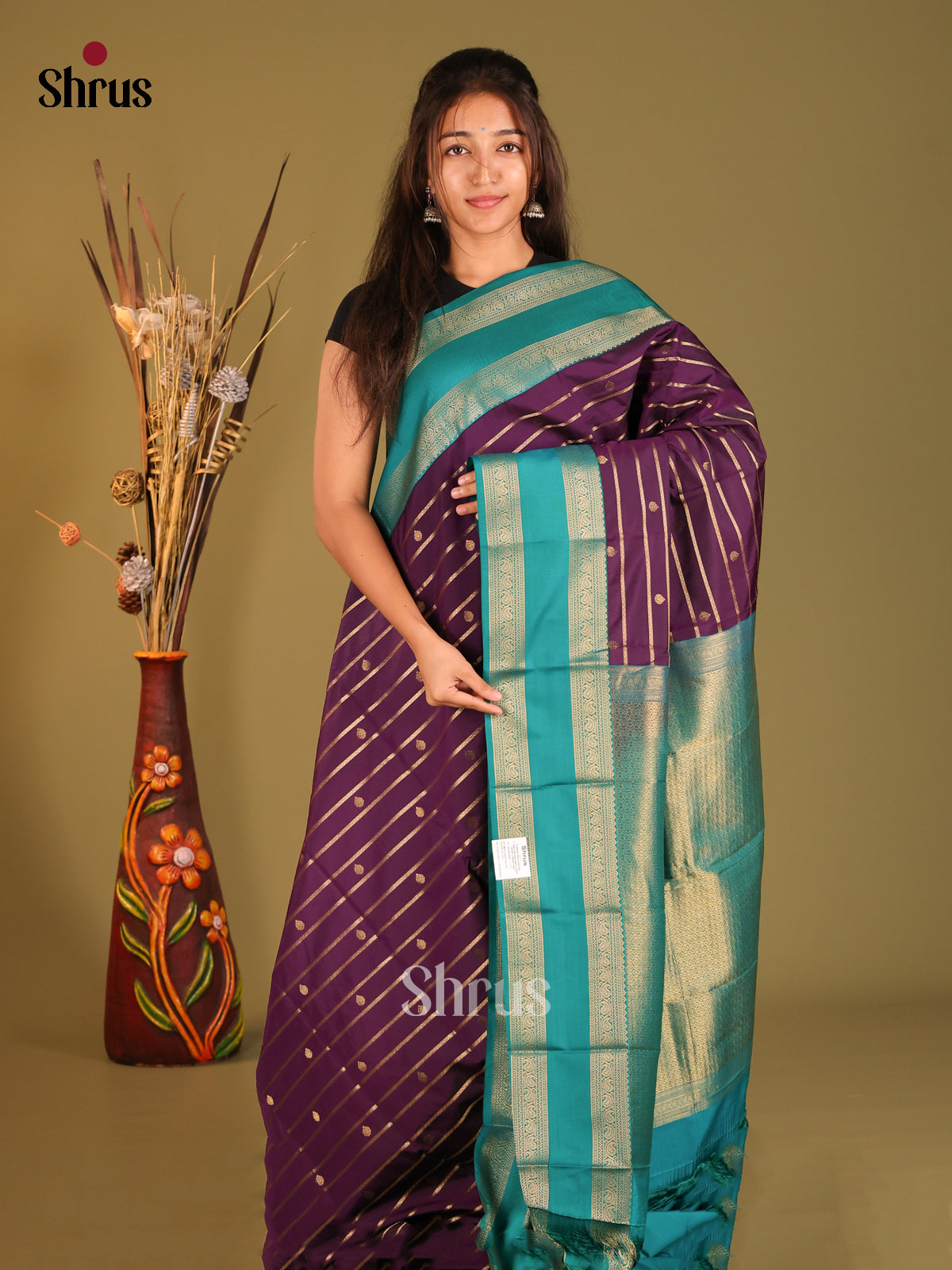Jamun & Teal- Semi Kanchipuram Saree - Shop on Shrus.com
