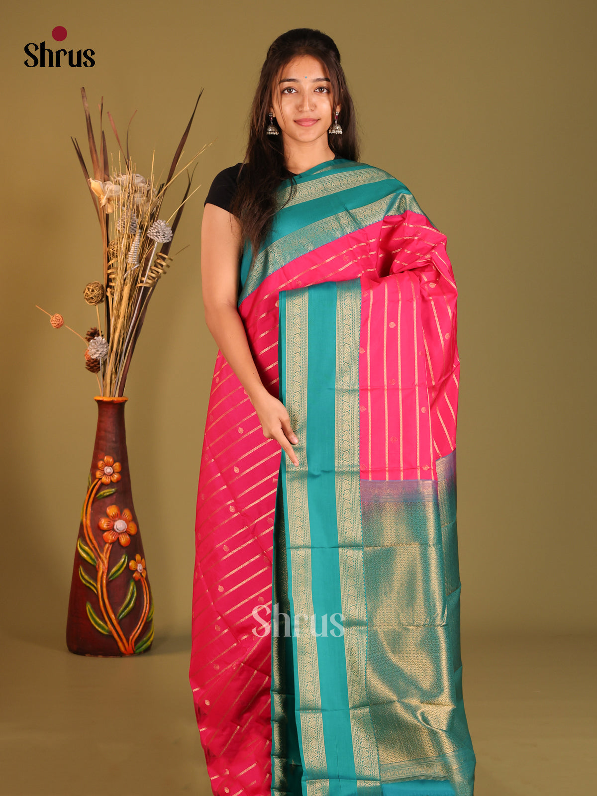 Pink  & Teal - Semi Kanchipuram Saree - Shop on Shrus.com