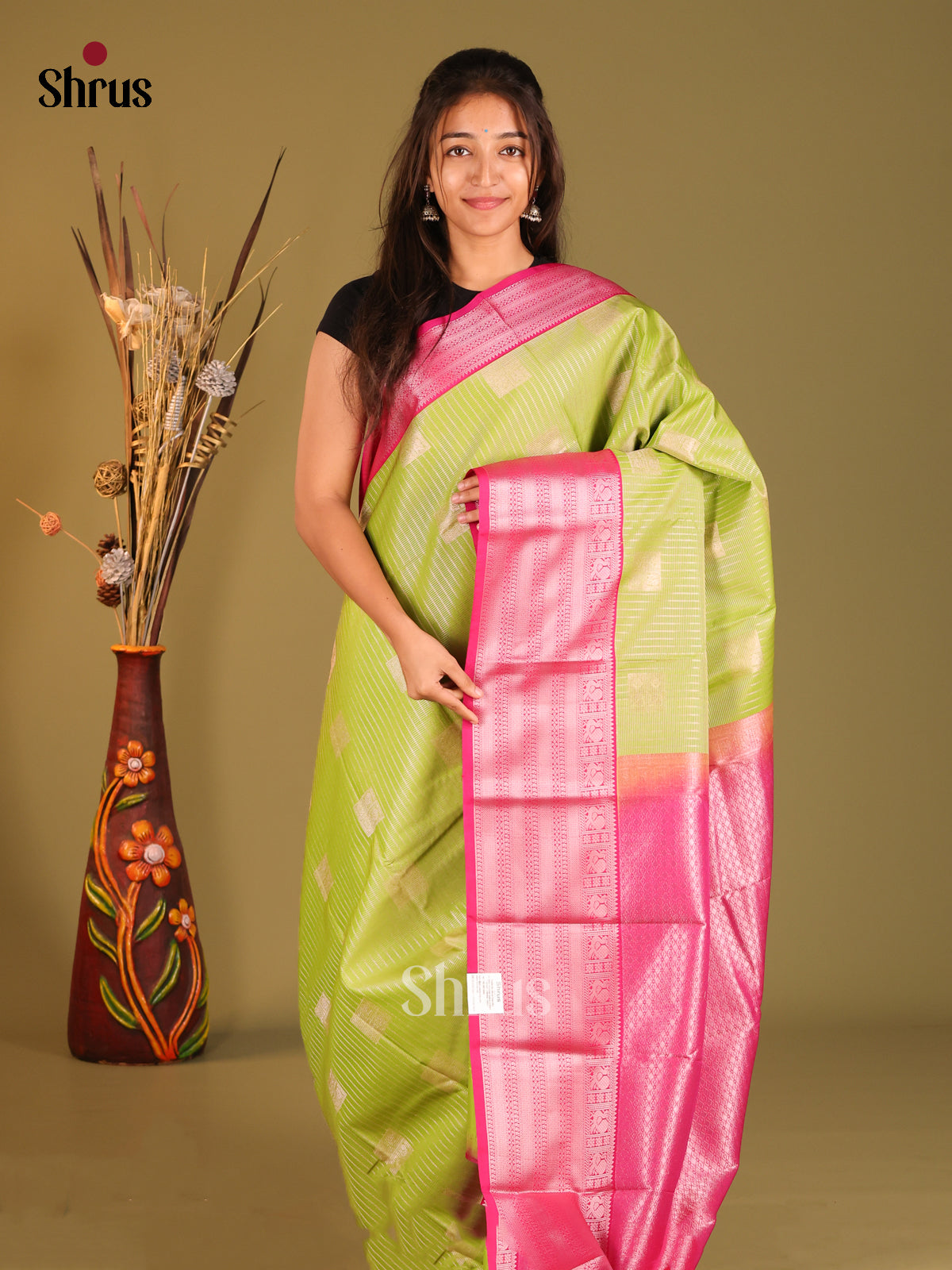 Light Green & Pink - Semi Kanchipuram Saree - Shop on Shrus.com
