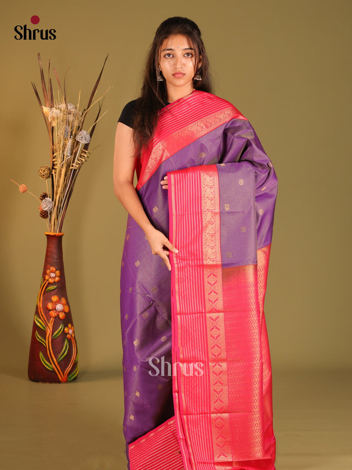 Violet & Pink- Semi Kanchipuram Saree - Shop on Shrus.com