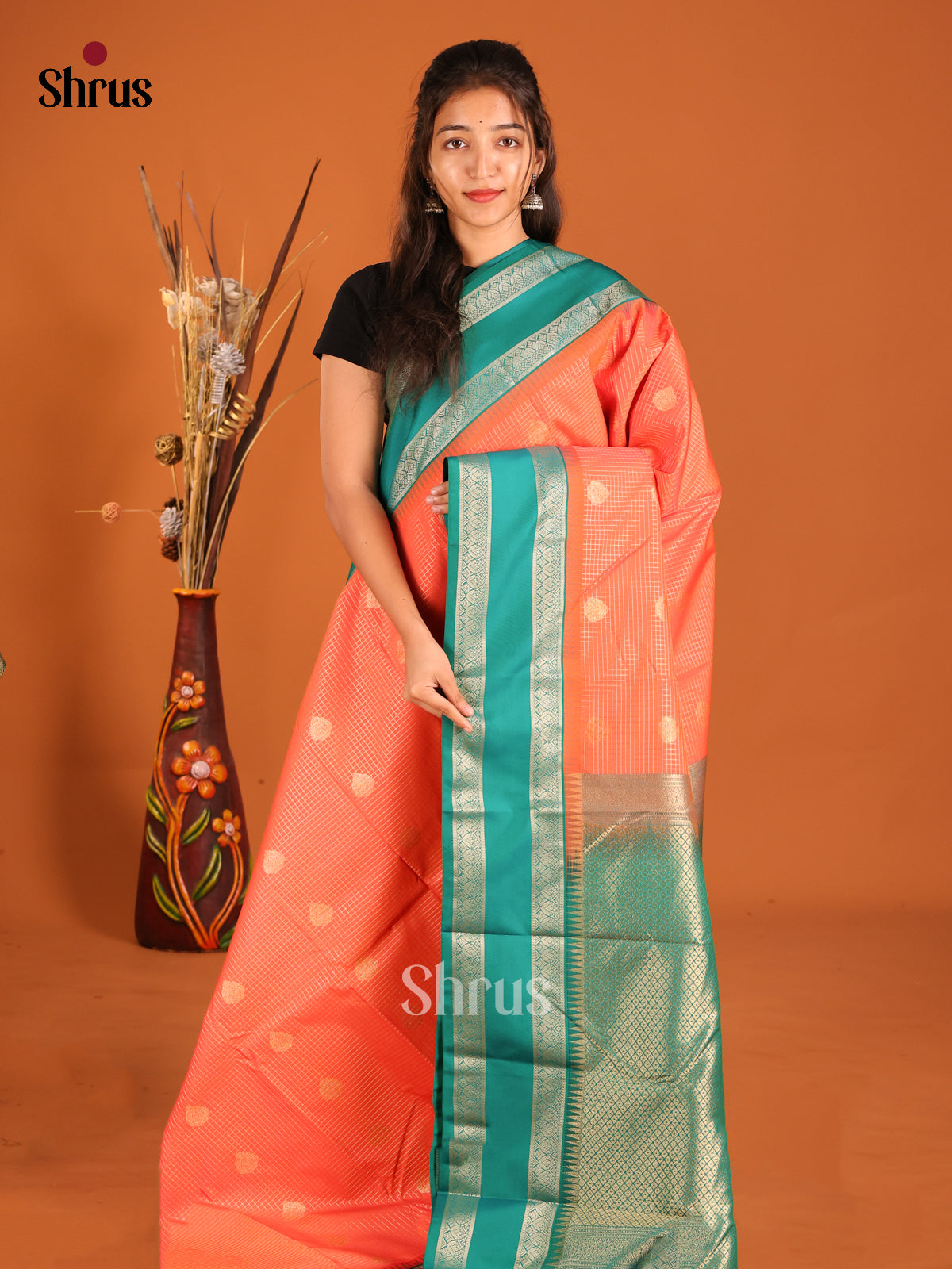 Orange & Green - Semi Kanchipuram Saree - Shop on Shrus.com