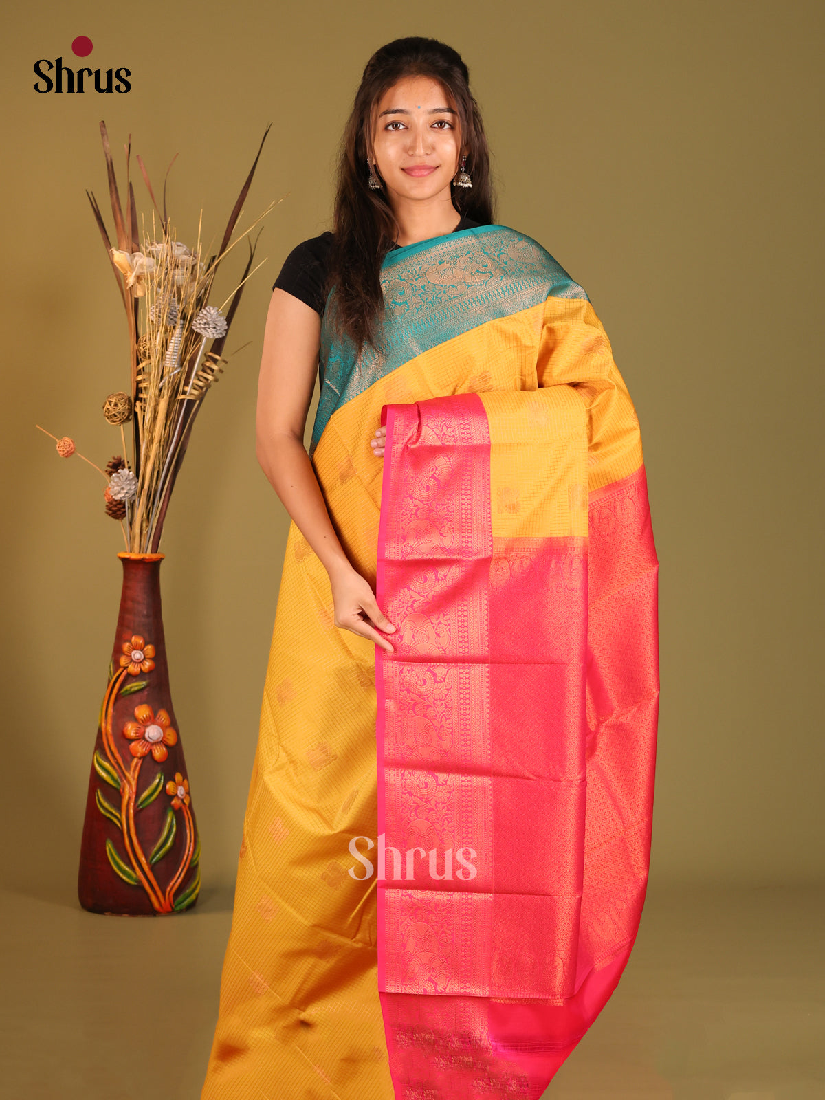 Yellow & Pink - Semi Kanchipuram Saree - Shop on Shrus.com