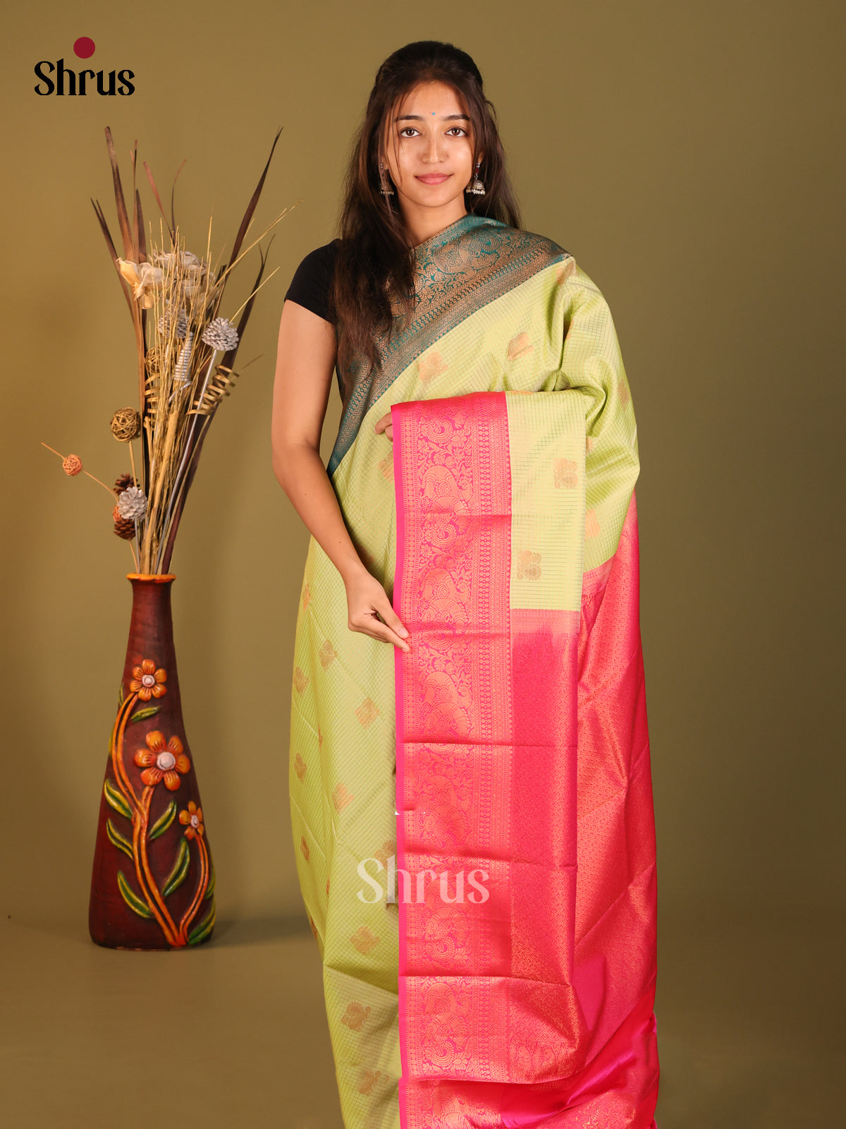 Light Green & Pink - Semi Kanchipuram Saree - Shop on Shrus.com