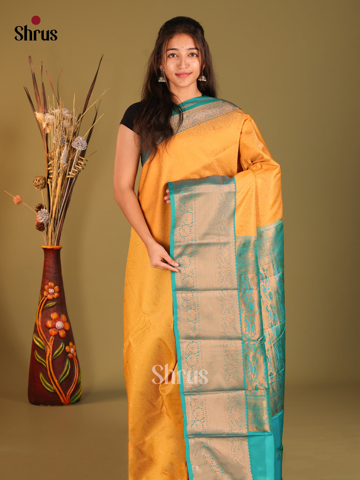 Mustard & Green- Semi Kanchipuram Saree - Shop on Shrus.com
