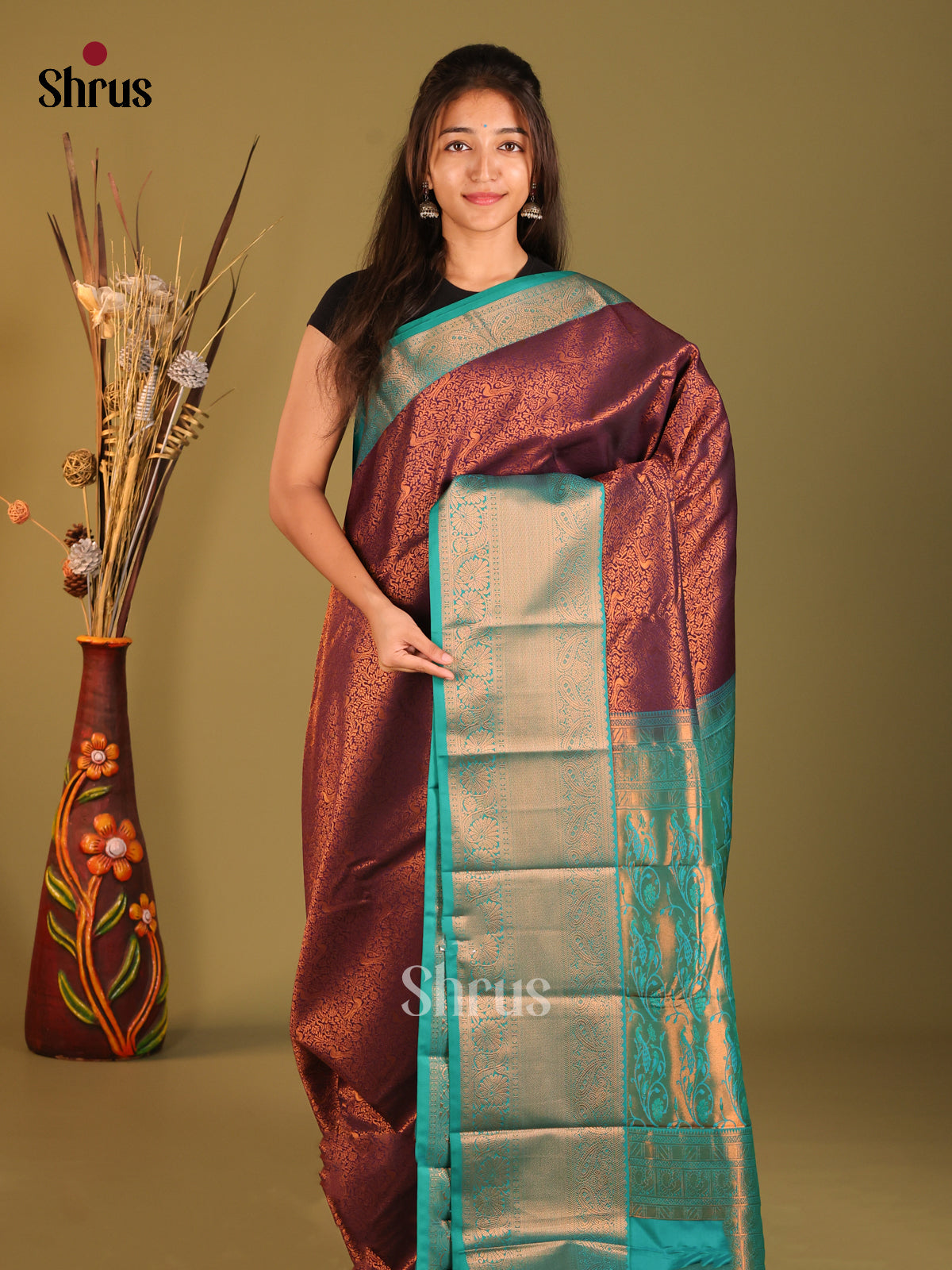 Brown & Teal - Semi Kanchipuram Saree