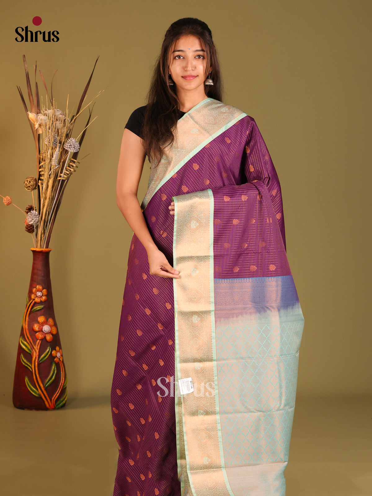 Violet & Pastel Blue - Semi Kanchipuram Saree - Shop on Shrus.com