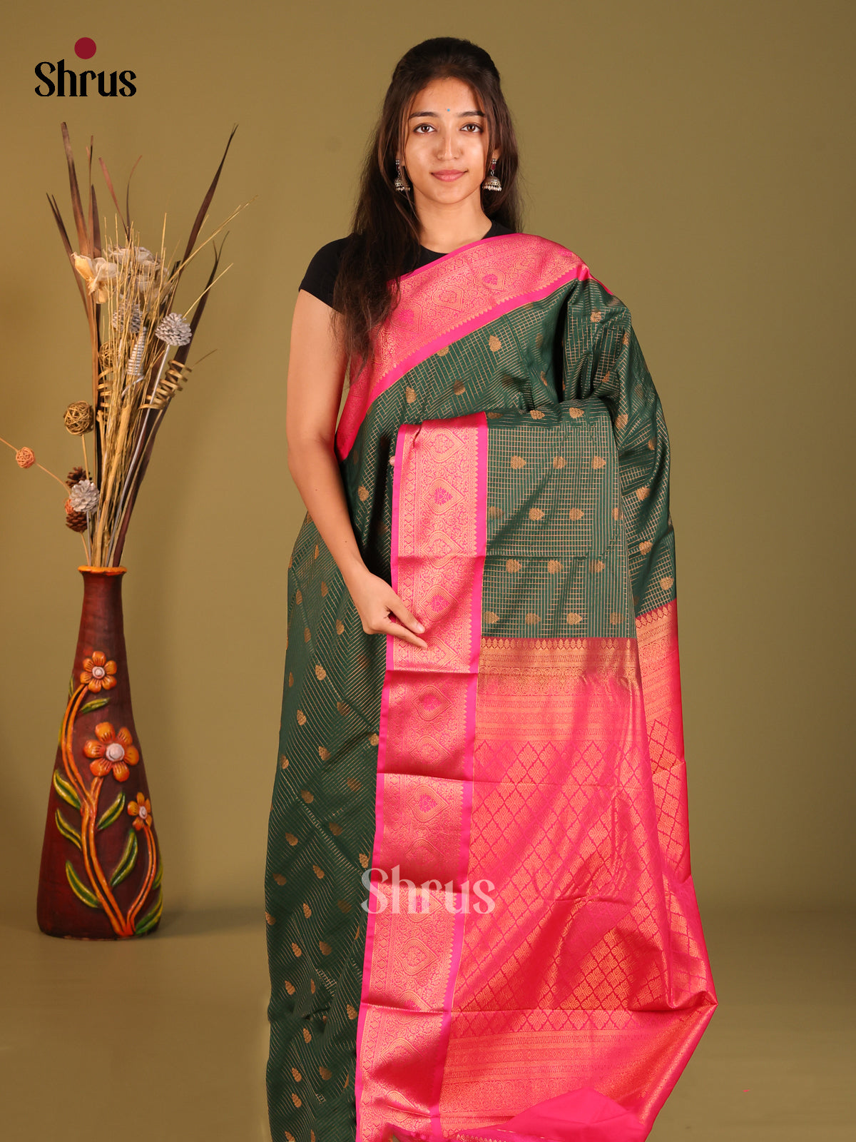 Green & Pink - Semi Kanchipuram Saree - Shop on Shrus.com