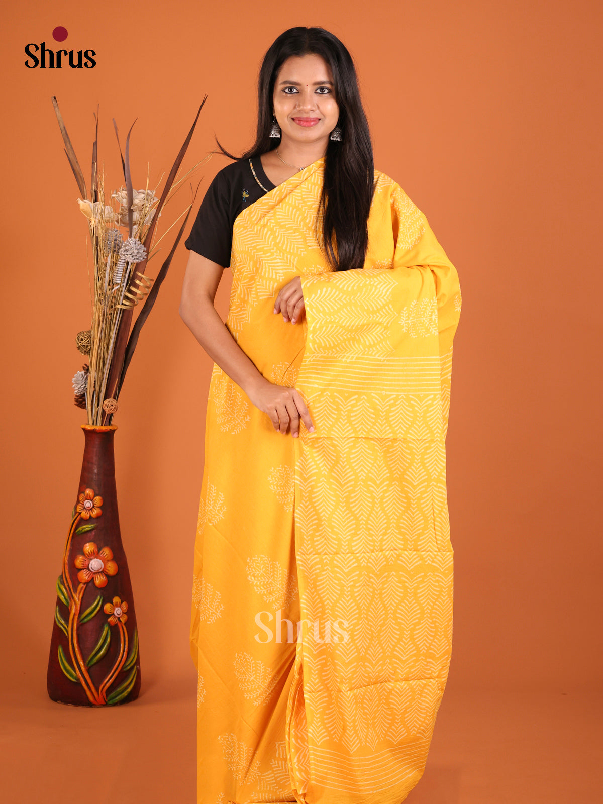 Yellow - Jaipur cotton Saree - Shop on Shrus.com