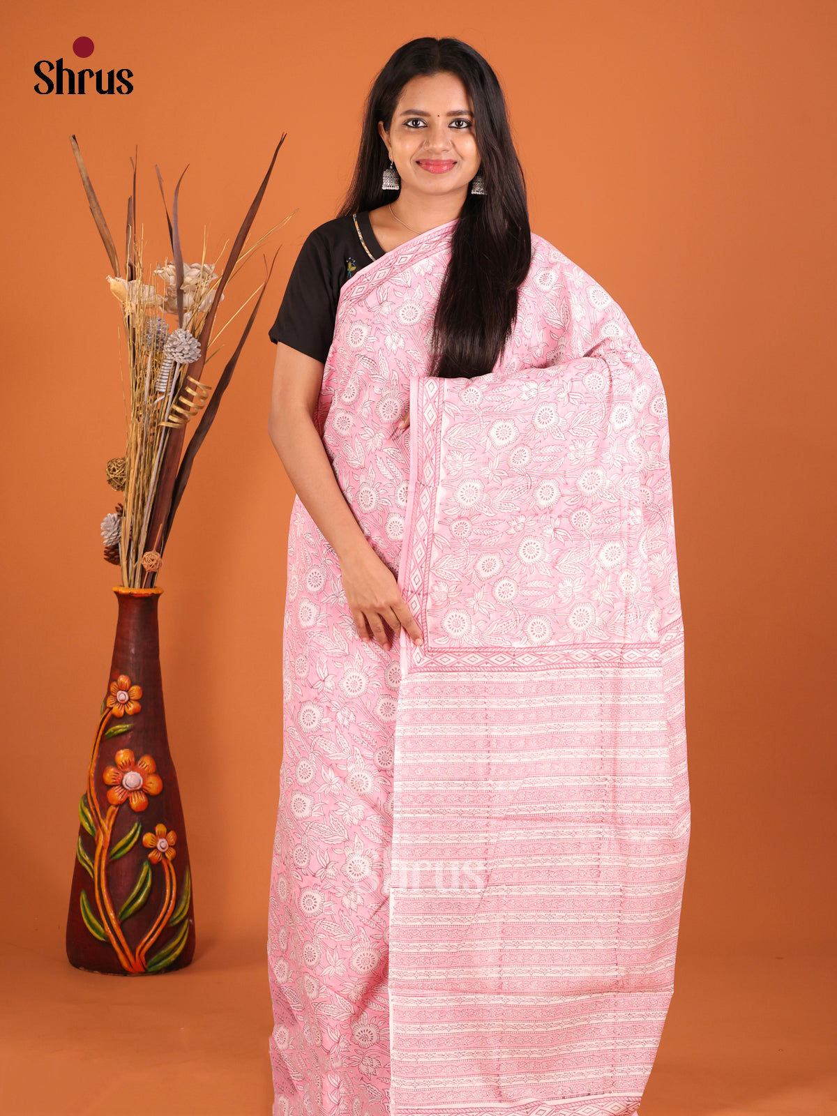 Pink  - Jaipur cotton Saree - Shop on Shrus.com