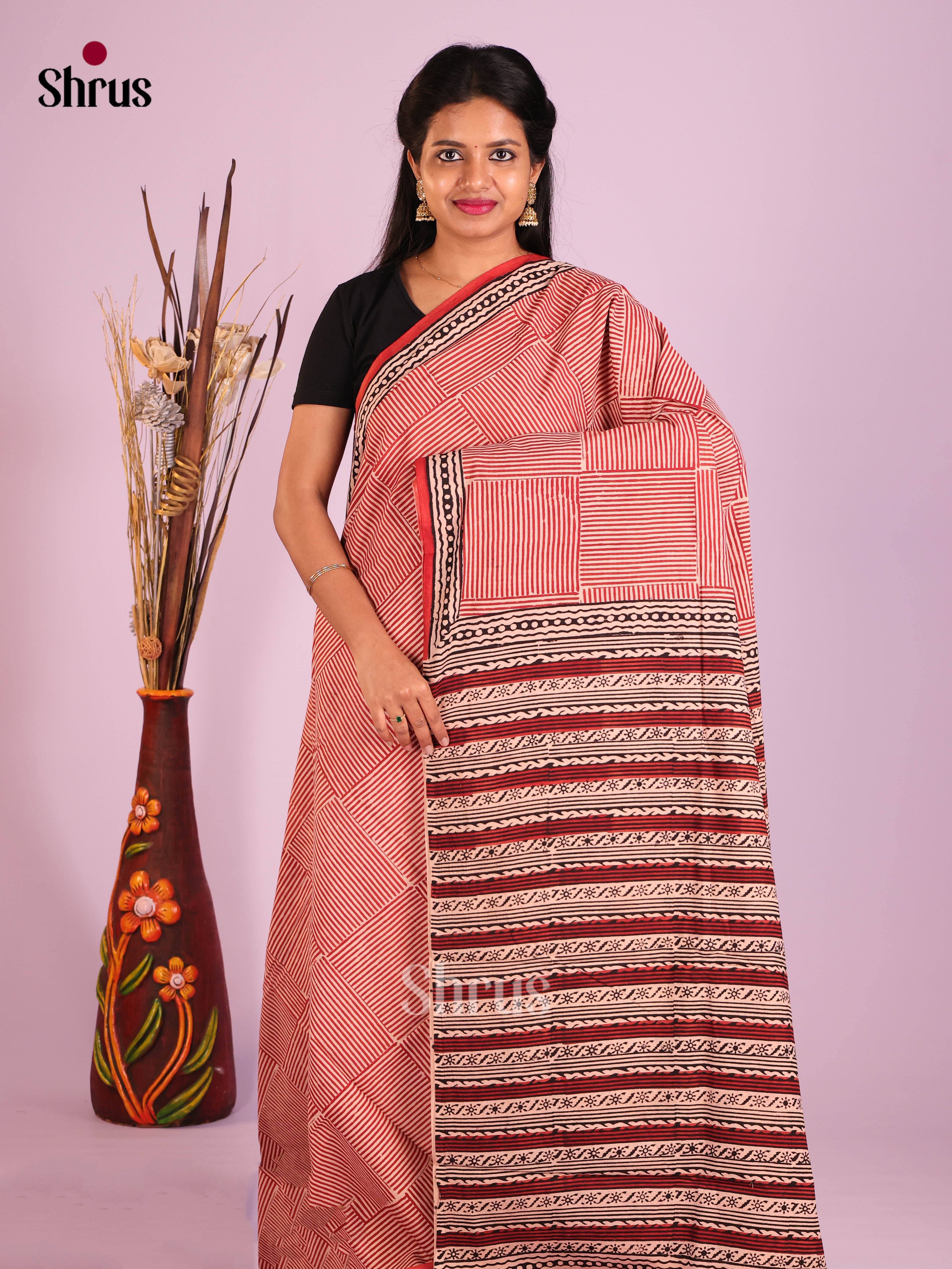Cream & Red- Jaipur cotton Saree