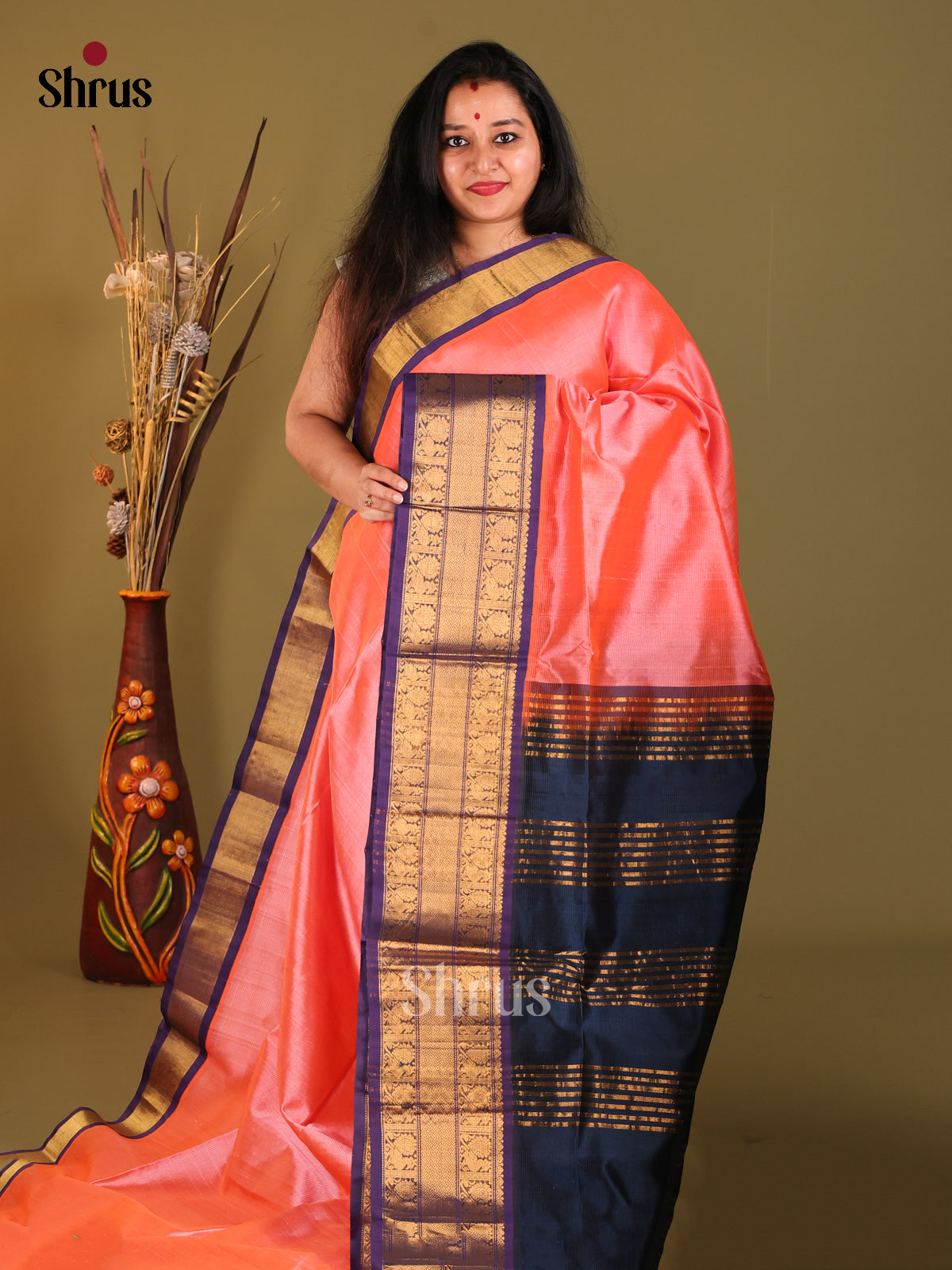 Peachish Pink & Blue Silk Cotton Korvai-Big border Saree 