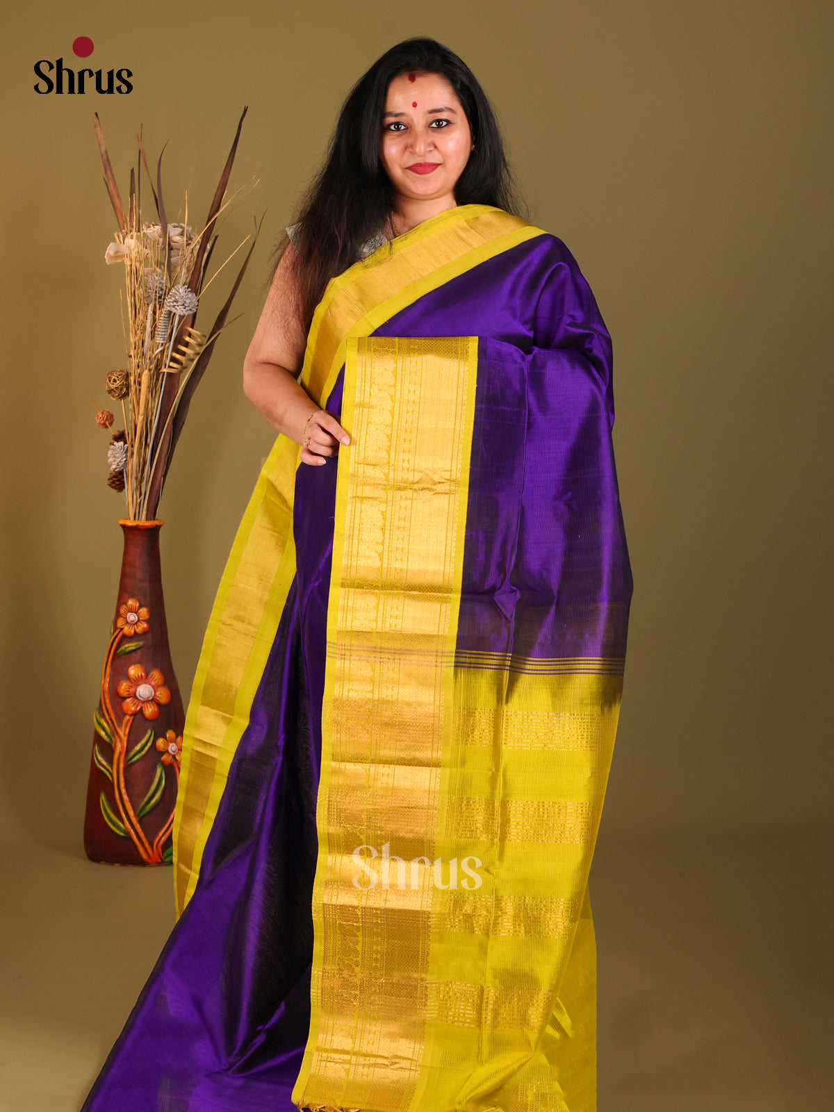 Violet & Mustardy Green SilK Cotton Korvai-Big border Saree - Shop on Shrus.com