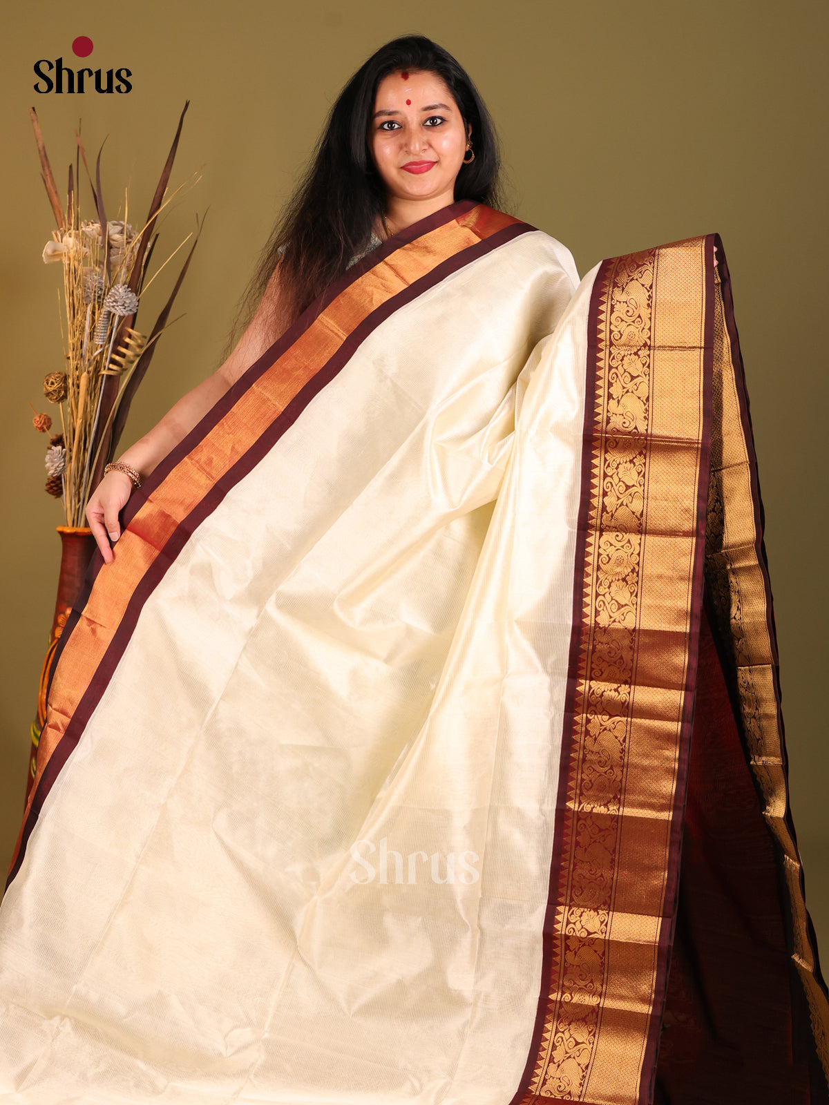 Cream & Maroon Silk Cotton  Korvai-Big border Saree -1