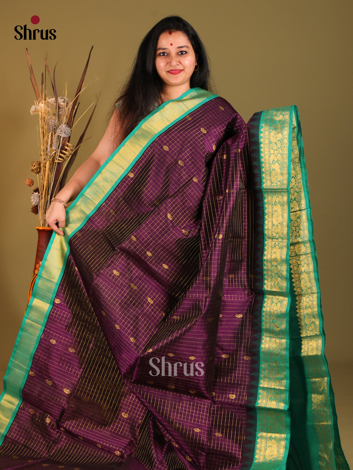 Violet & Green Silk Cotton Korvai-kattams Saree - Shop on Shrus.com