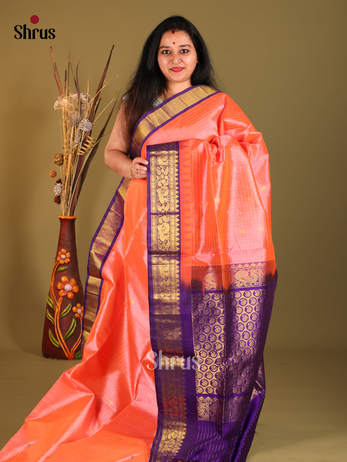 Peach & Blue Silk Cotton Korvai-kattams Saree - Shop on Shrus.com
