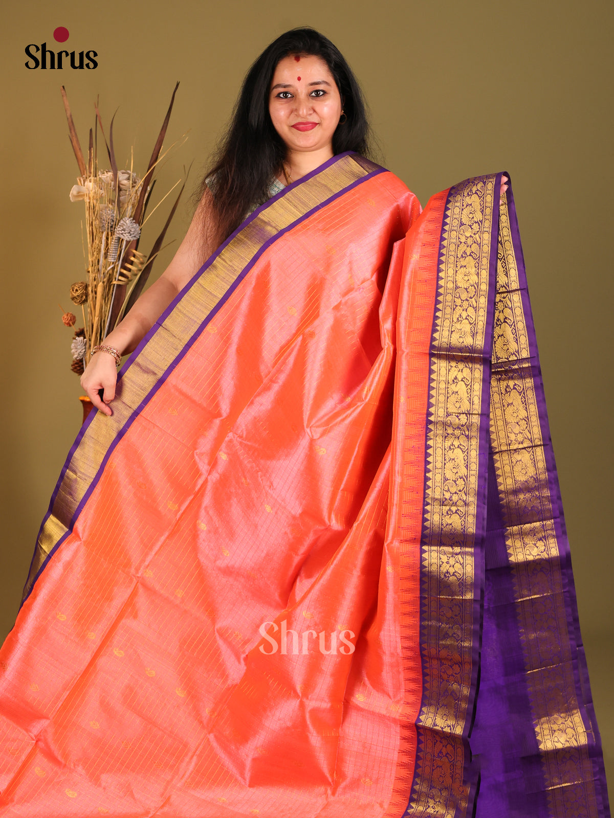 Peach & Blue Silk Cotton Korvai-kattams Saree - Shop on Shrus.com