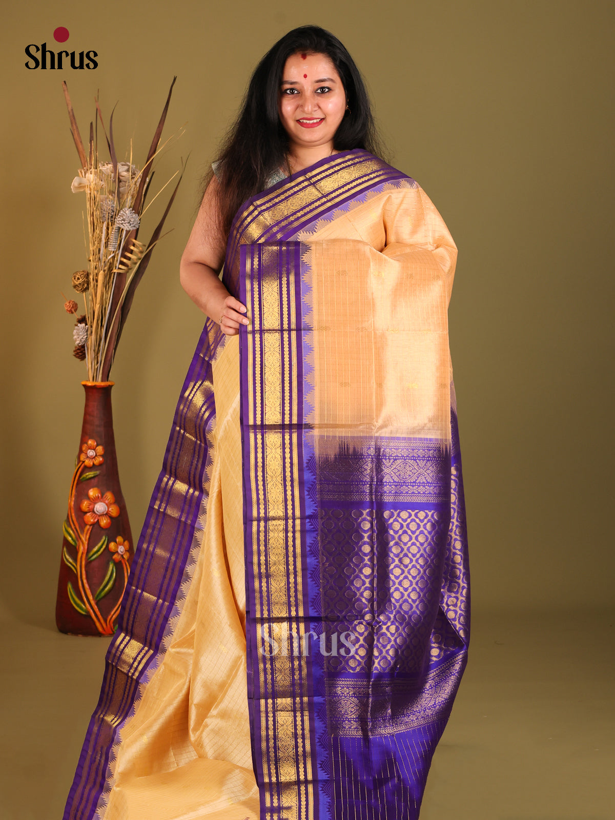 Cream & Blue Silk Cotton Korvai-kattams Saree