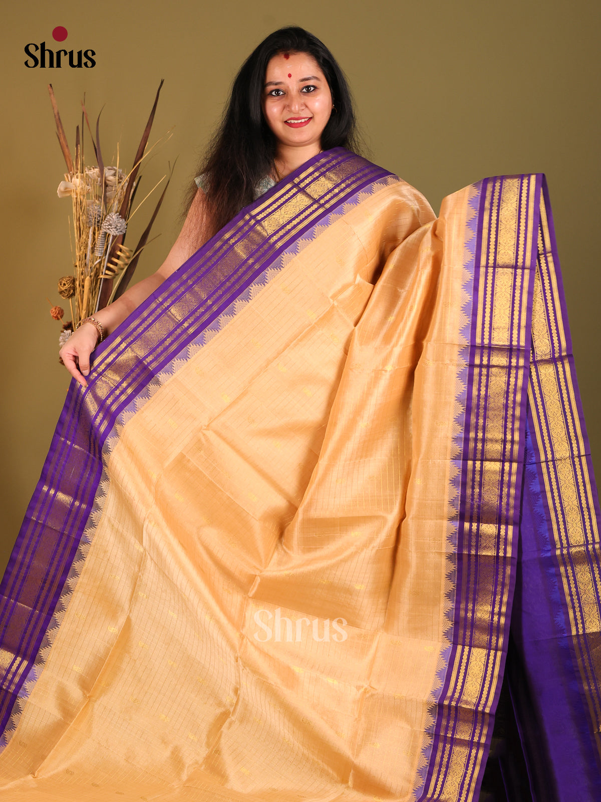 Cream & Blue Silk Cotton Korvai-kattams Saree -1