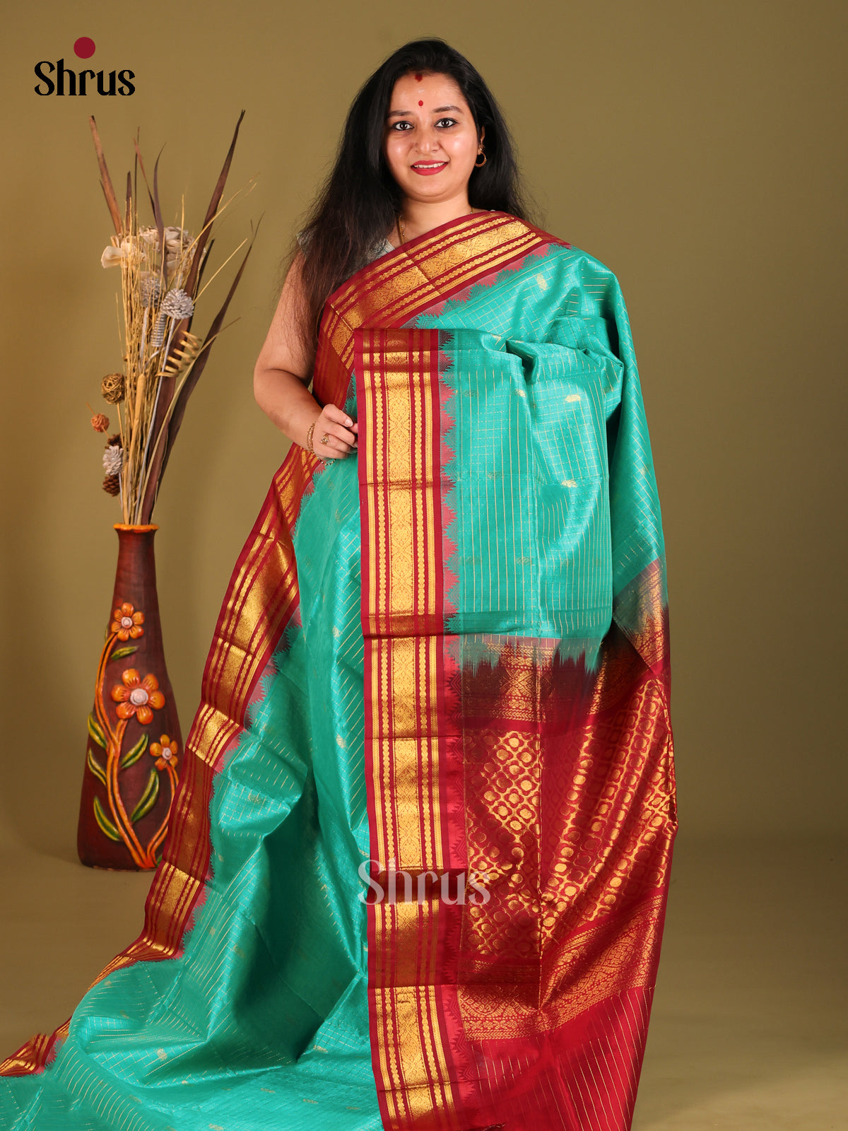Green & Maroon Silk Cotton Korvai-kattams Saree