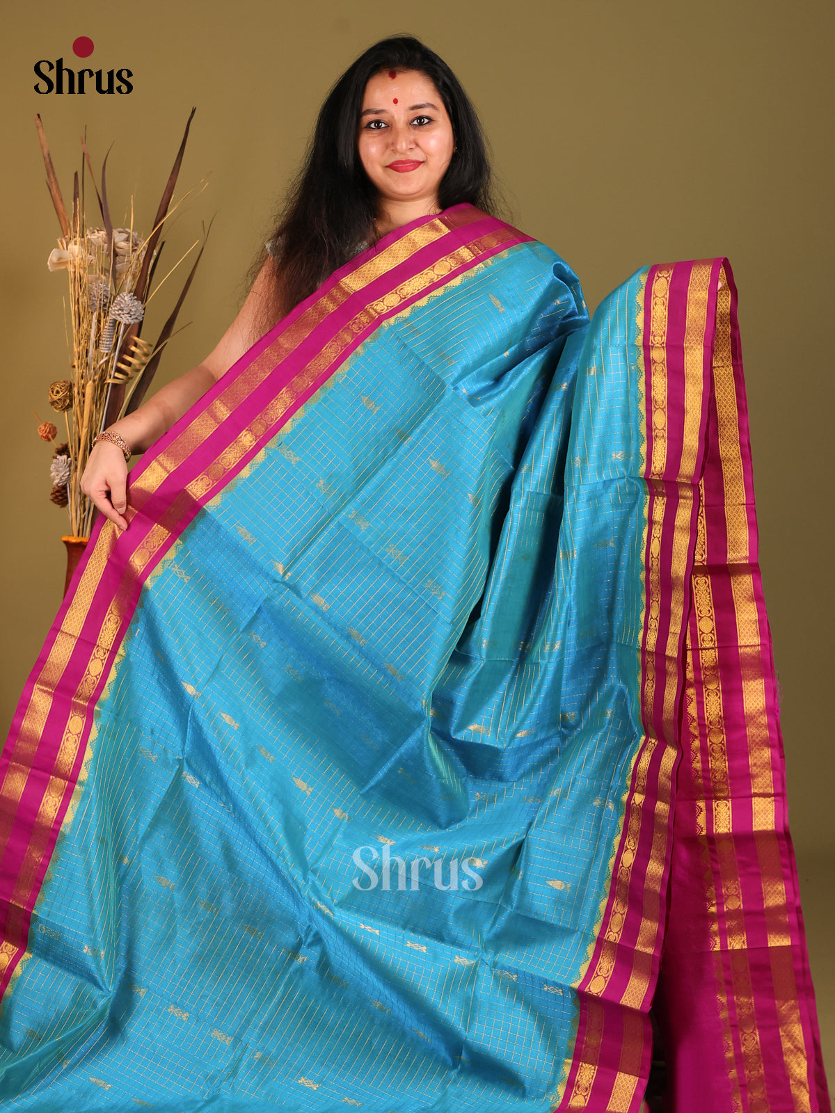 Blue & Purple Silk Cotton Korvai-kattams Saree -1