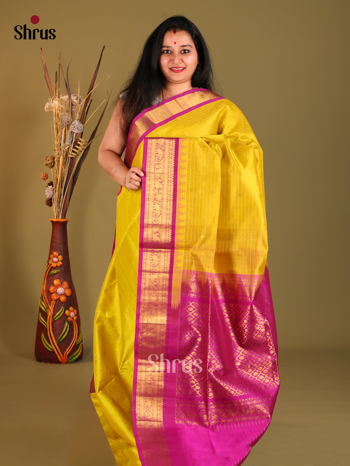 Yellow & Pink Silk Coton Korvai-kattams Saree - Shop on Shrus.com