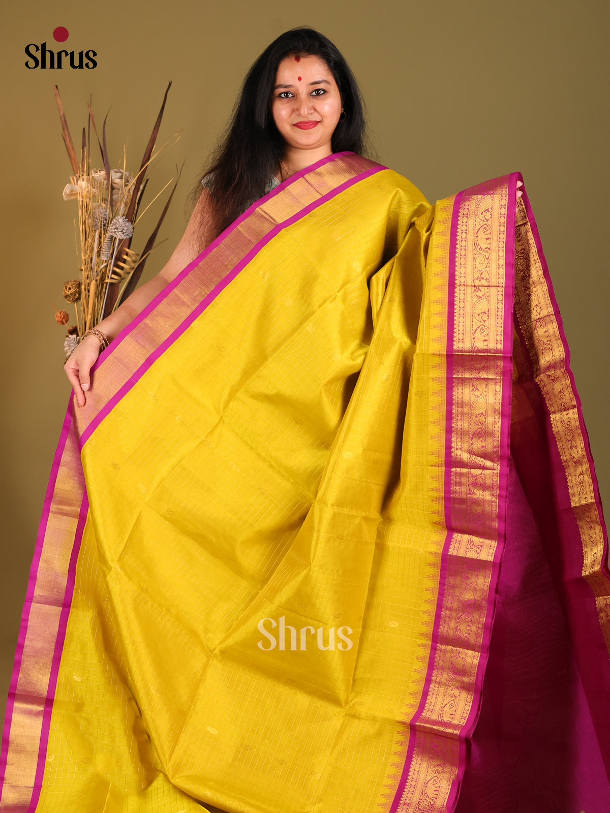 Yellow & Pink Silk Coton Korvai-kattams Saree - Shop on Shrus.com