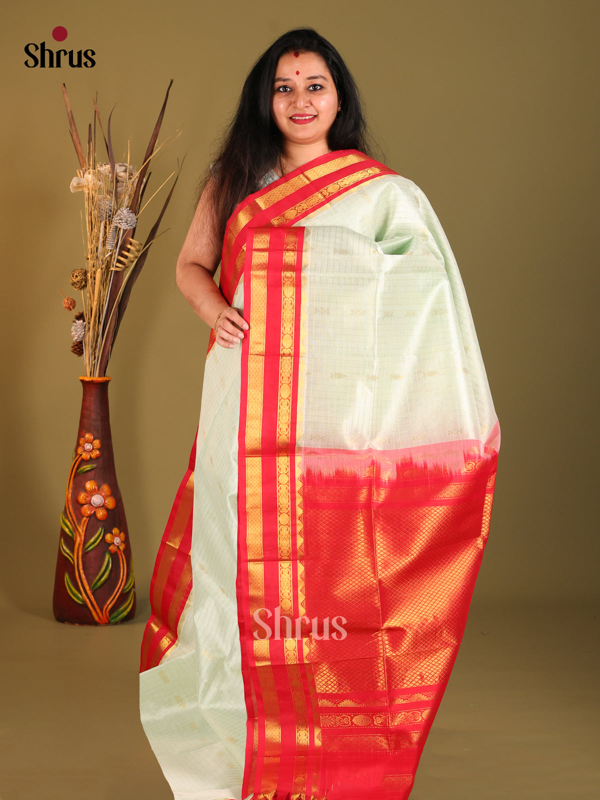 Mint Green & Red Silk Cotton Korvai-kattams Saree