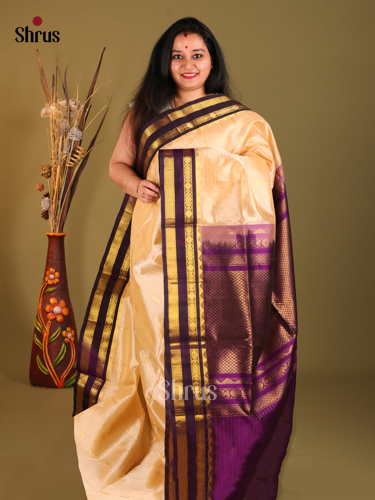 Cream & Violet Silk Cotton  Korvai-kattams Saree - Shop on Shrus.com