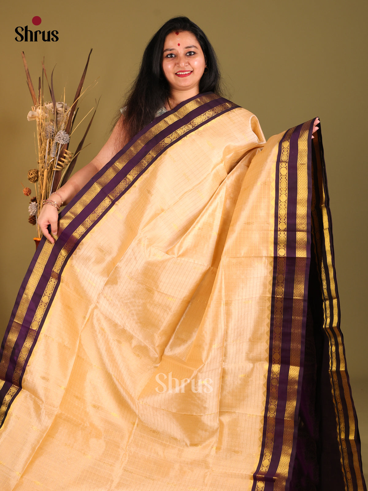 Cream & Violet Silk Cotton  Korvai-kattams Saree - Shop on Shrus.com