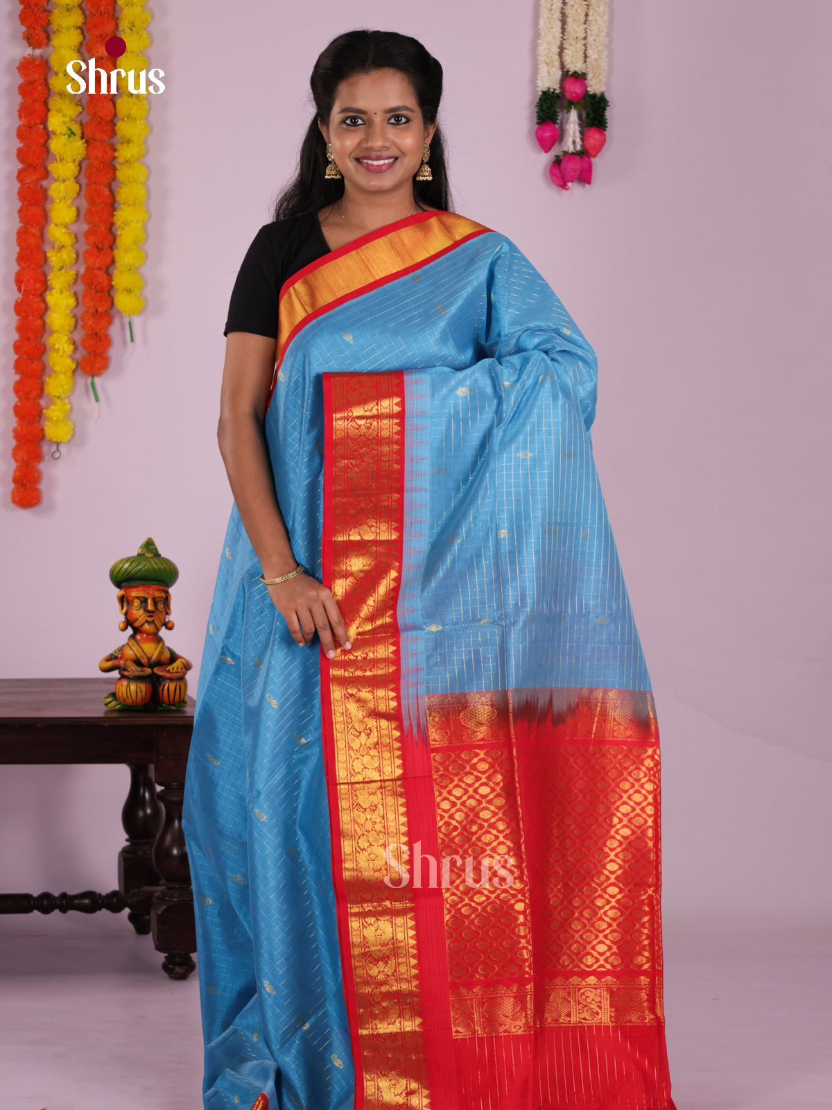 Vibrant Blue Checked Silk Cotton Saree with Red Zari Korvai Border