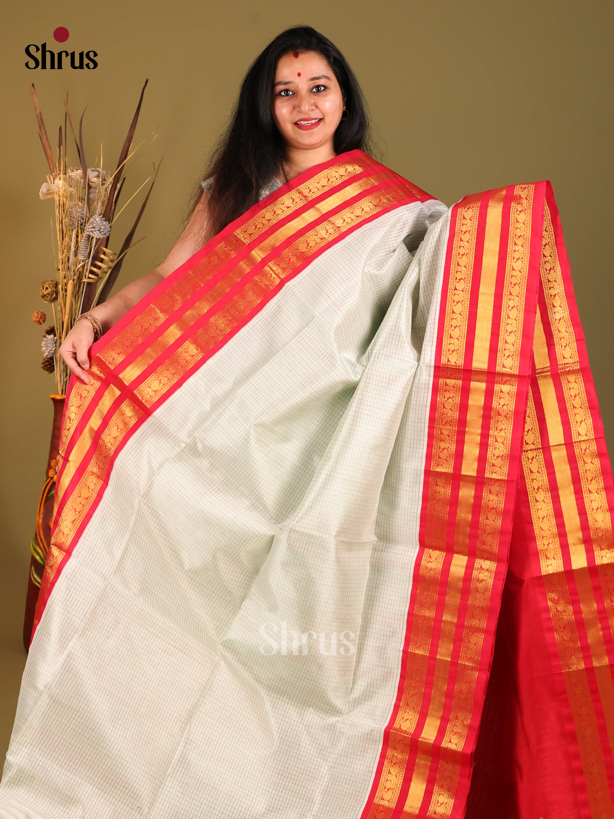 Cream & Red Silk Cotton Korvai-kattams Saree -1
