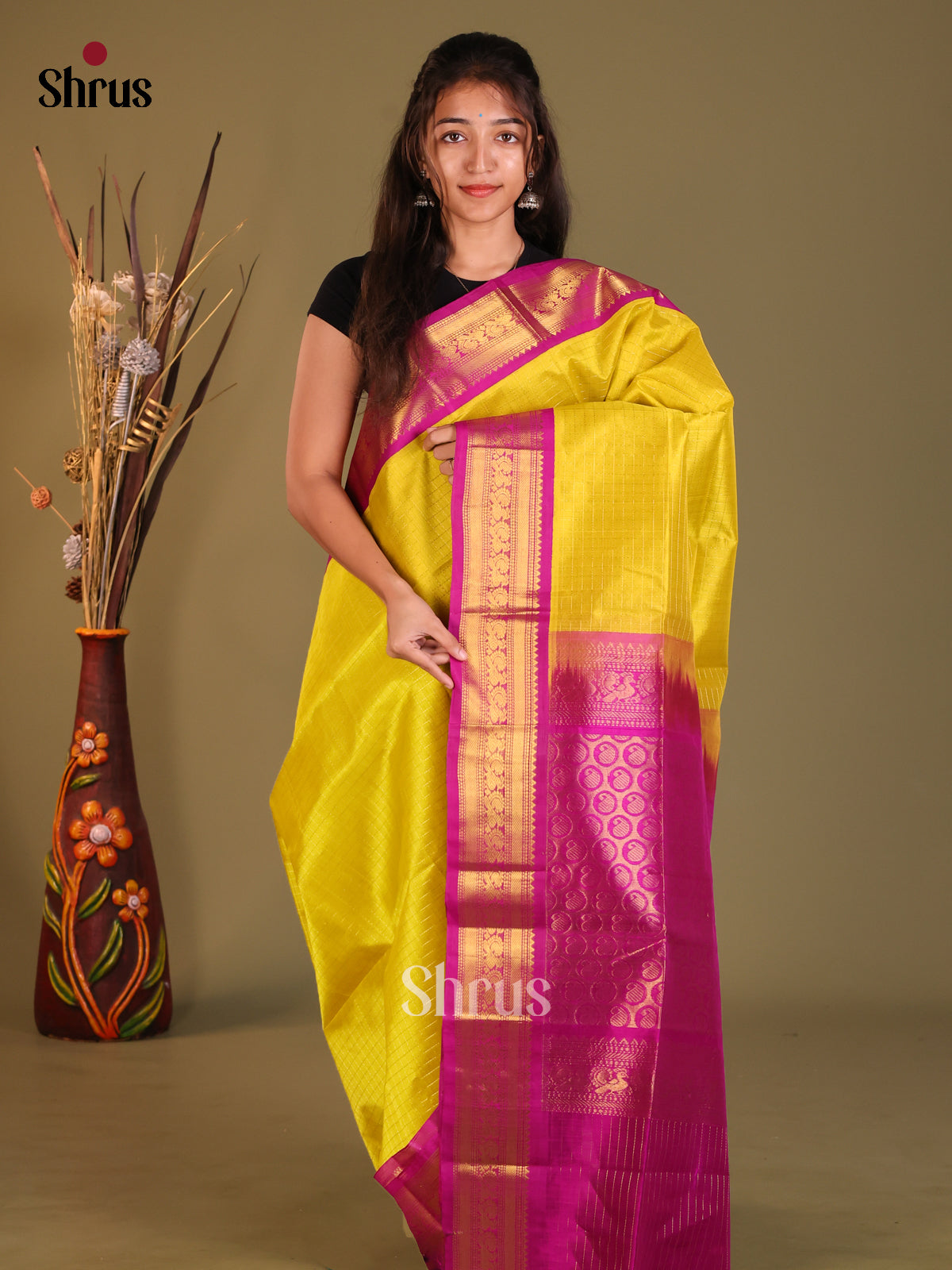 Yellow & Pink Silk Cotton Korvai-kattams Saree - Shop on Shrus.com