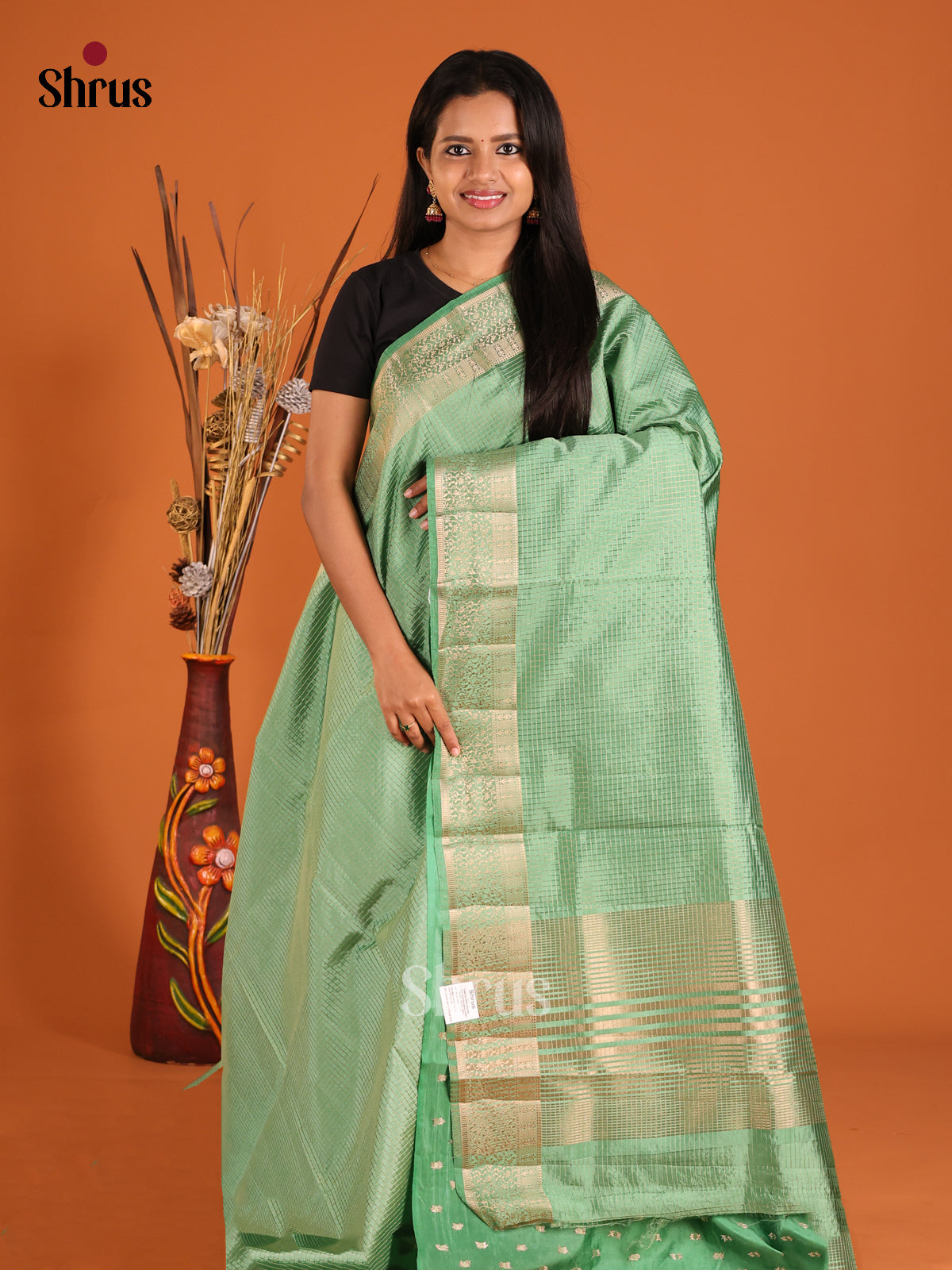 Pista Green- Semi Rawsilk Saree - Shop on Shrus.com
