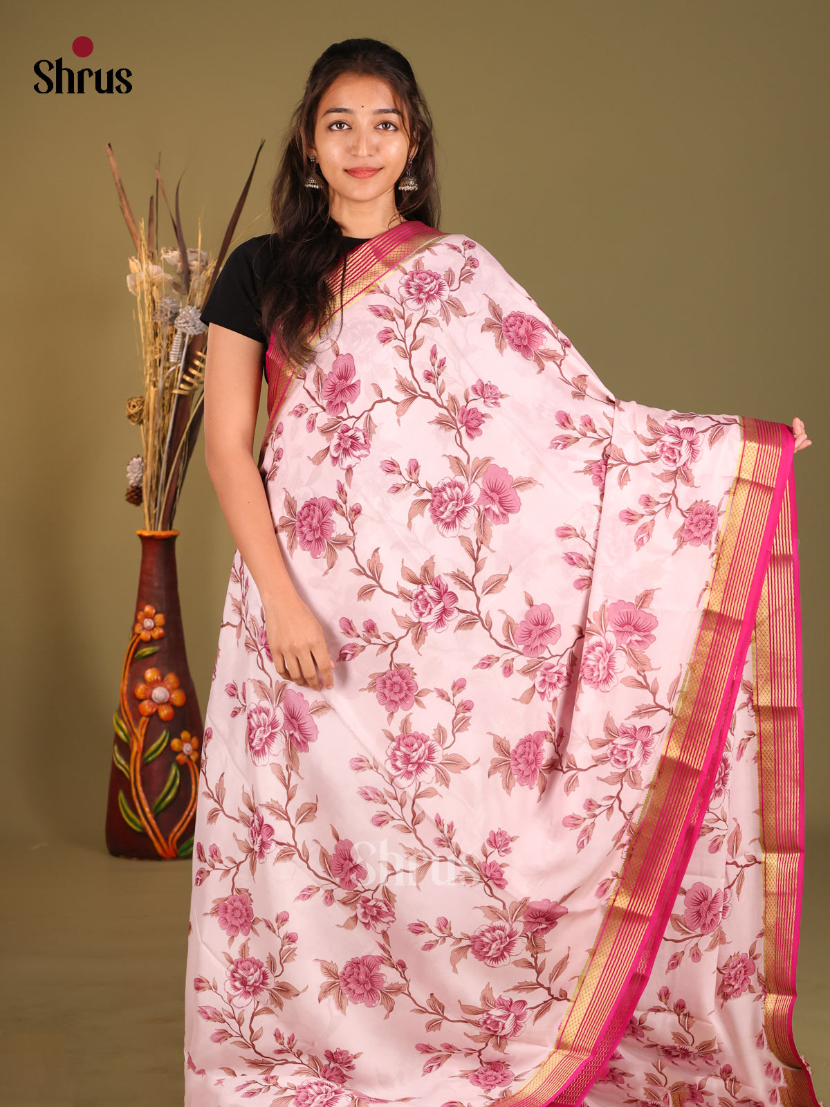 Cream & Pink- Mysore Silk Print Saree