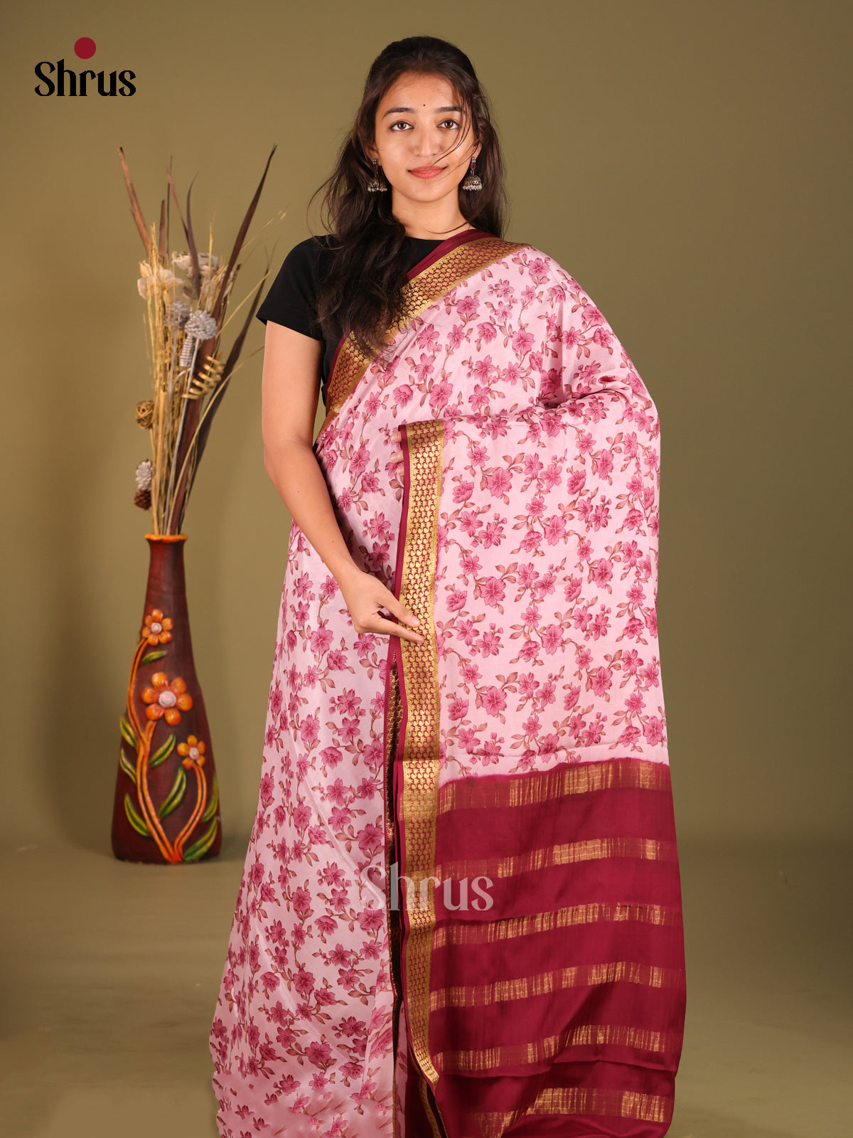 Pink & Maroon- Mysore Silk Print Saree - Shop on Shrus.com
