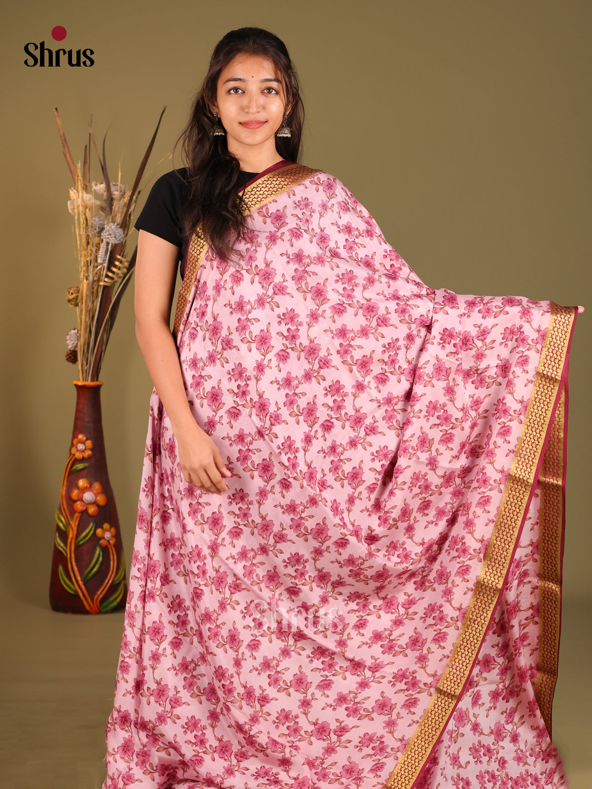 Pink & Maroon- Mysore Silk Print Saree - Shop on Shrus.com