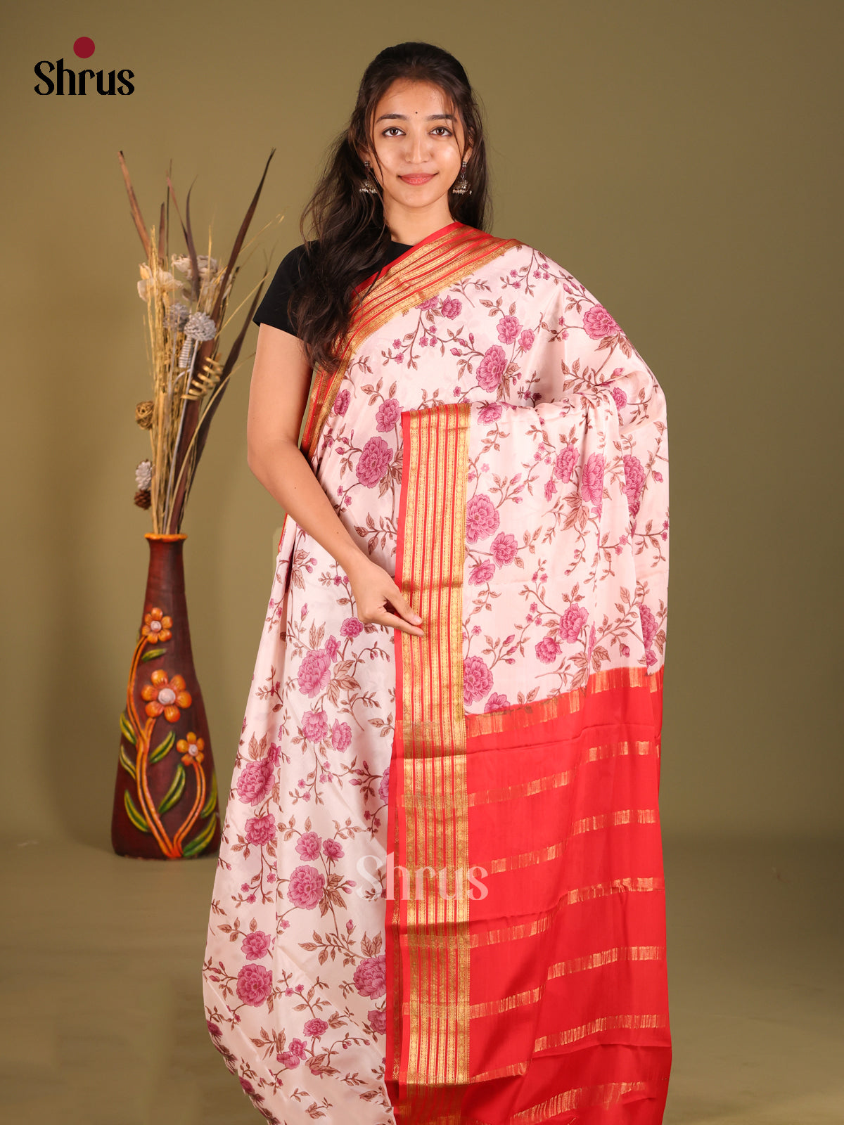Cream & Red - Mysore Silk Print Saree - Shop on Shrus.com