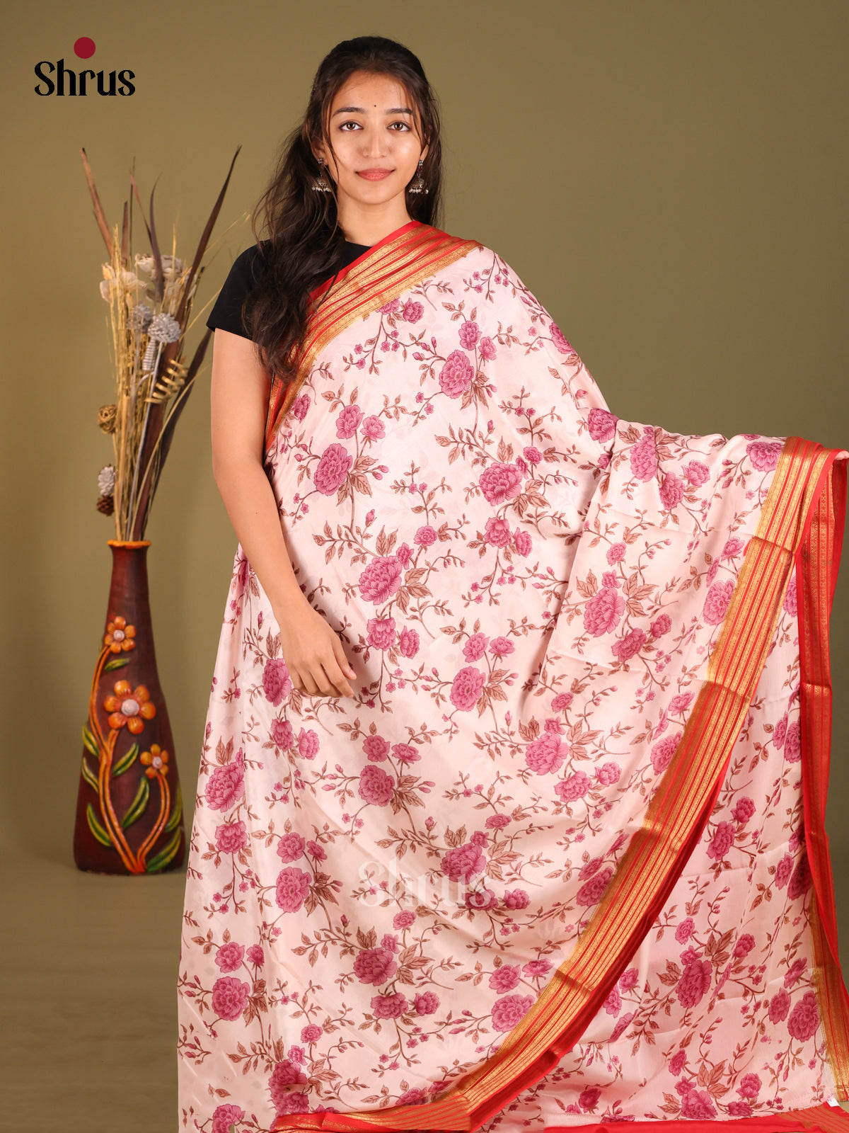 Cream & Red - Mysore Silk Print Saree - Shop on Shrus.com