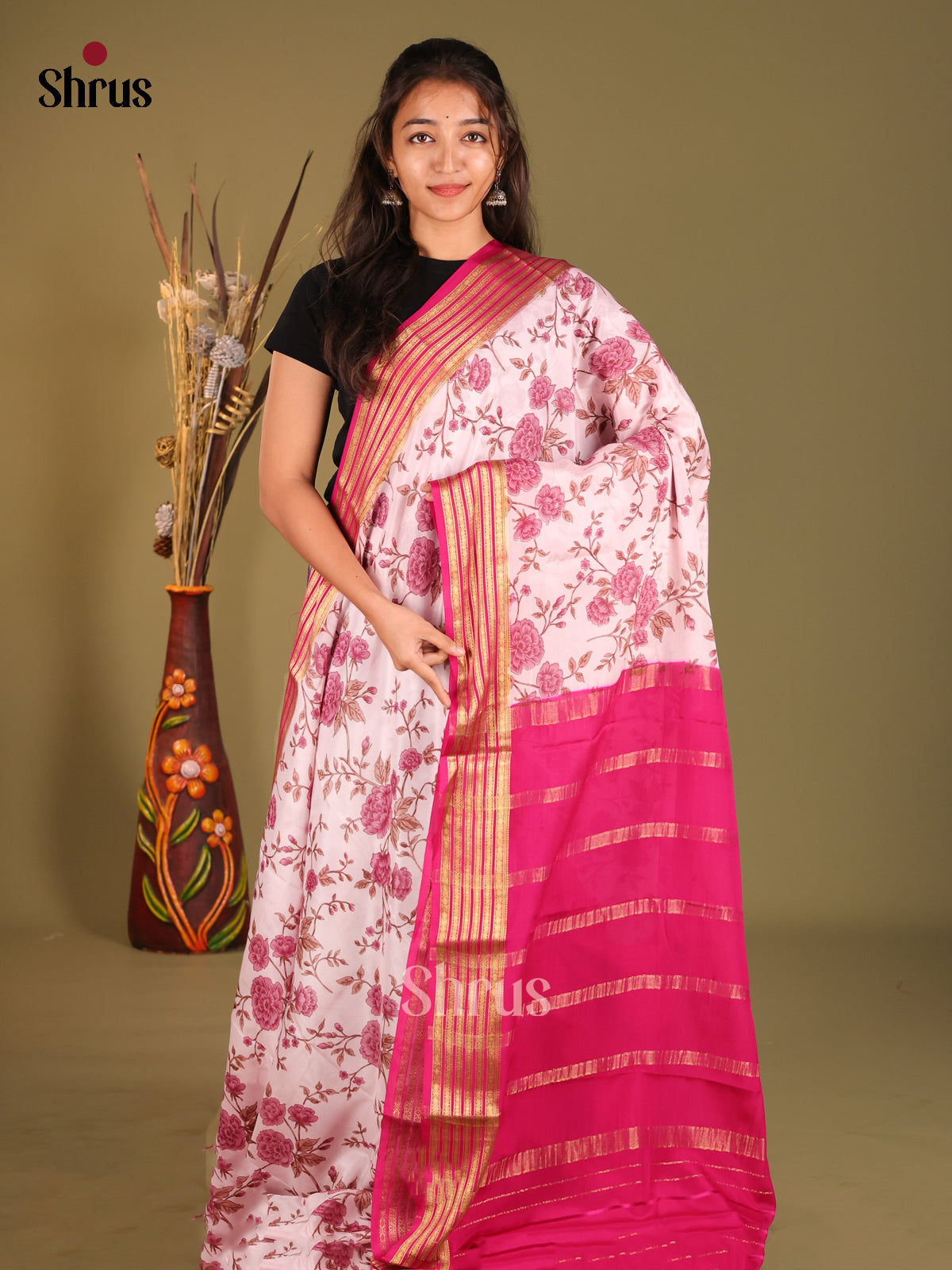 Sheeny Mild Pink Printed Mysore Silk Saree With Pink Zari Woven Stripes Border