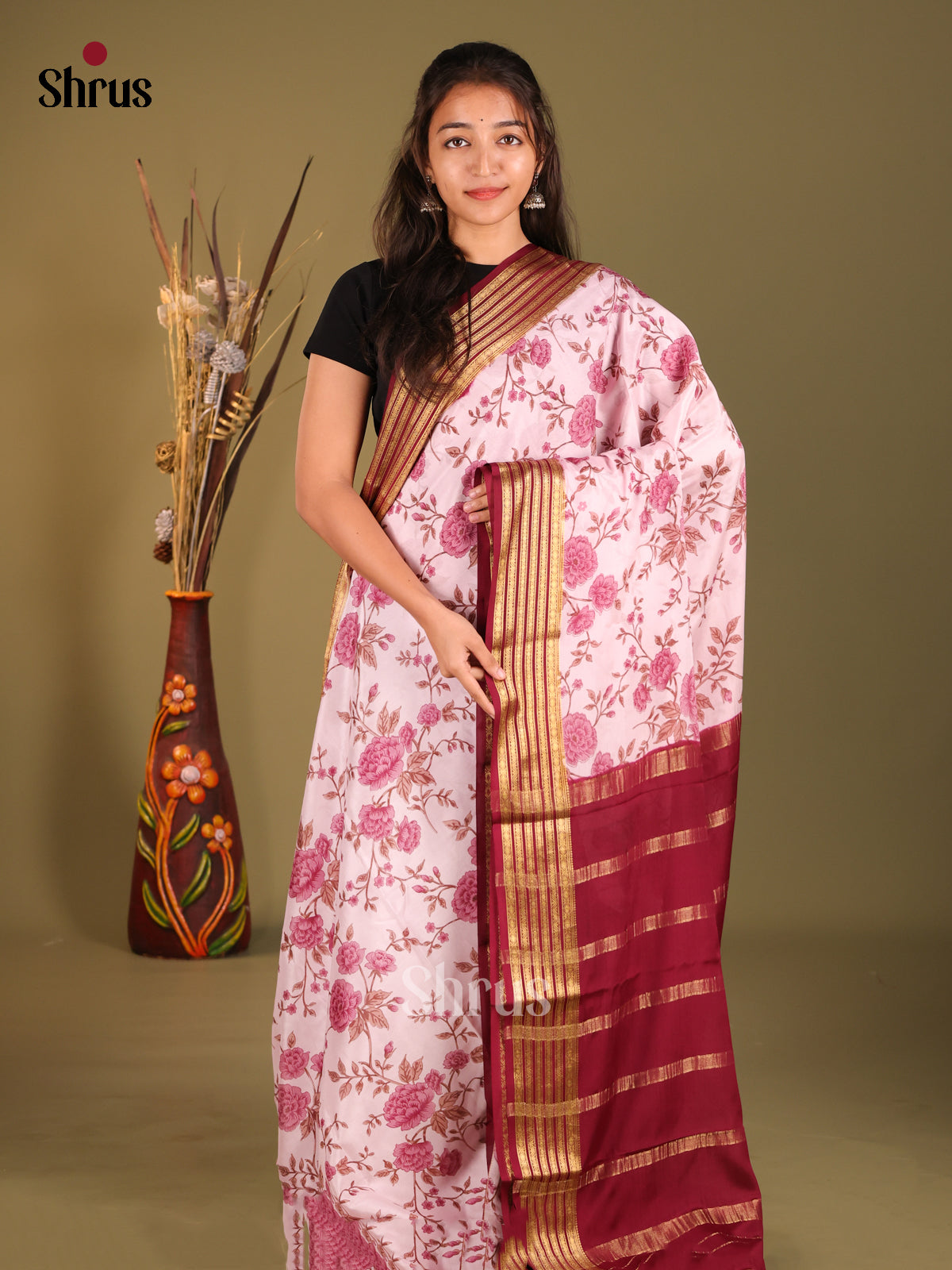 Pink & Maroon - Mysore Silk Print Saree - Shop on Shrus.com