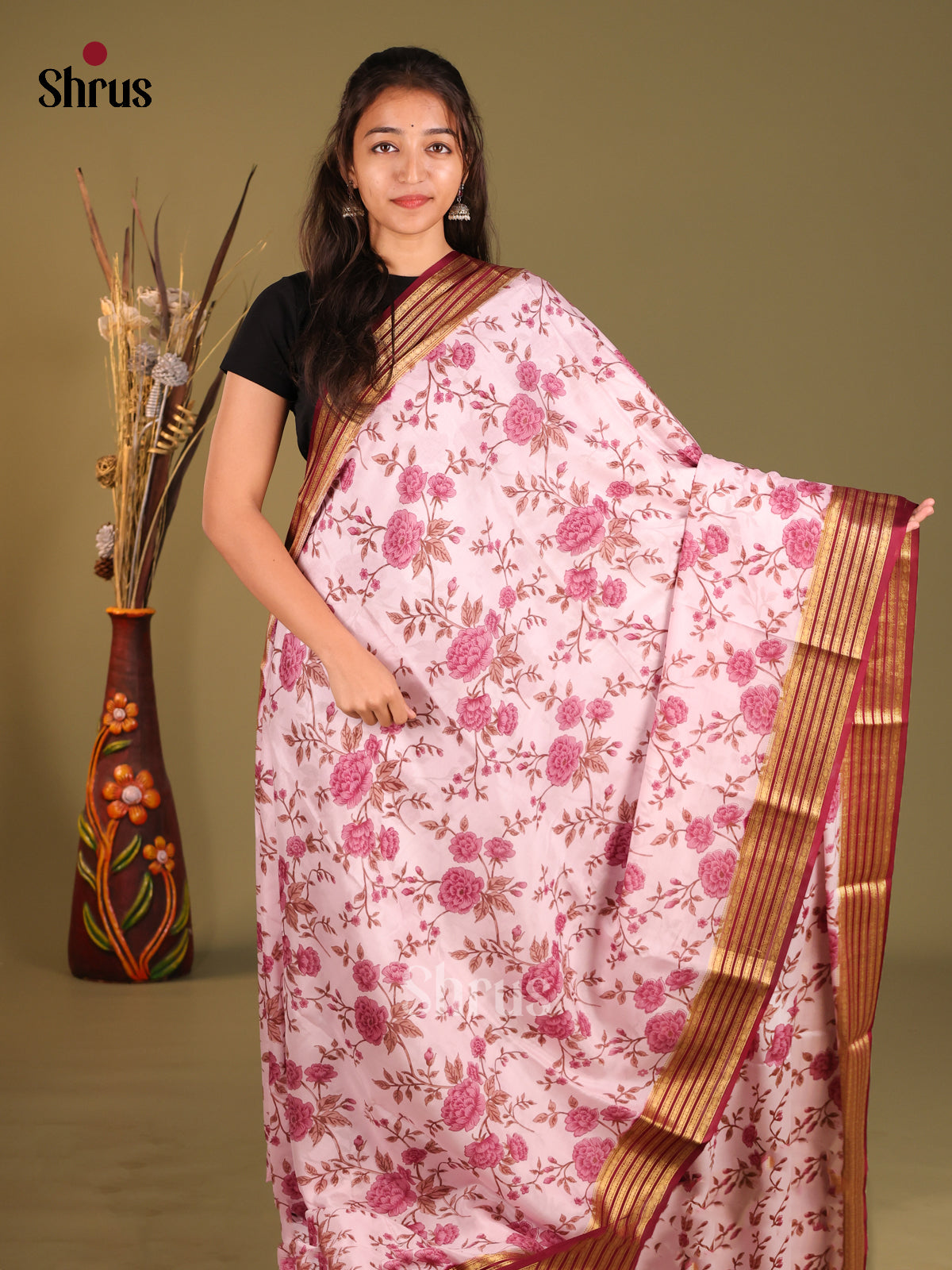 Pink & Maroon - Mysore Silk Print Saree - Shop on Shrus.com