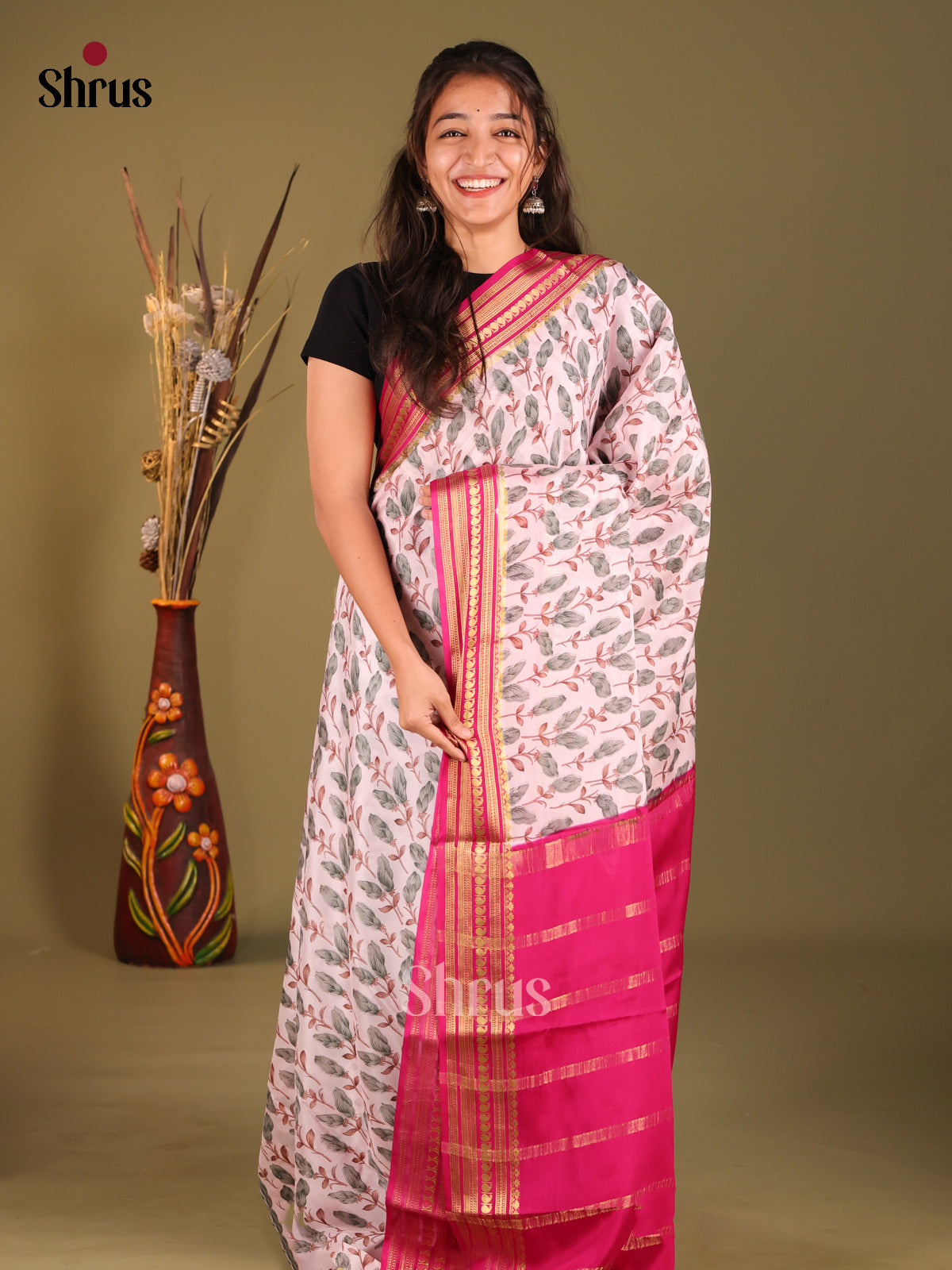 Classic Mild Lavender Printed Mysore Silk Saree With Pink Zari Woven Rettaipet Border