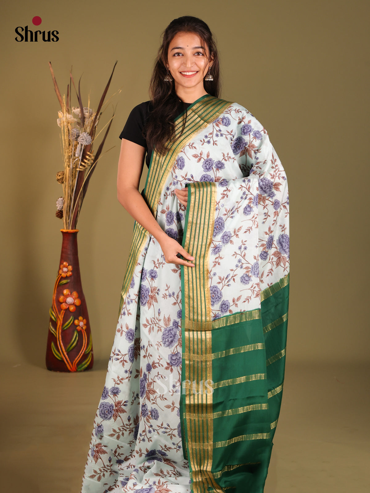 Chic Light Grey Printed Mysore Silk Saree With Green Zari Stripes Border