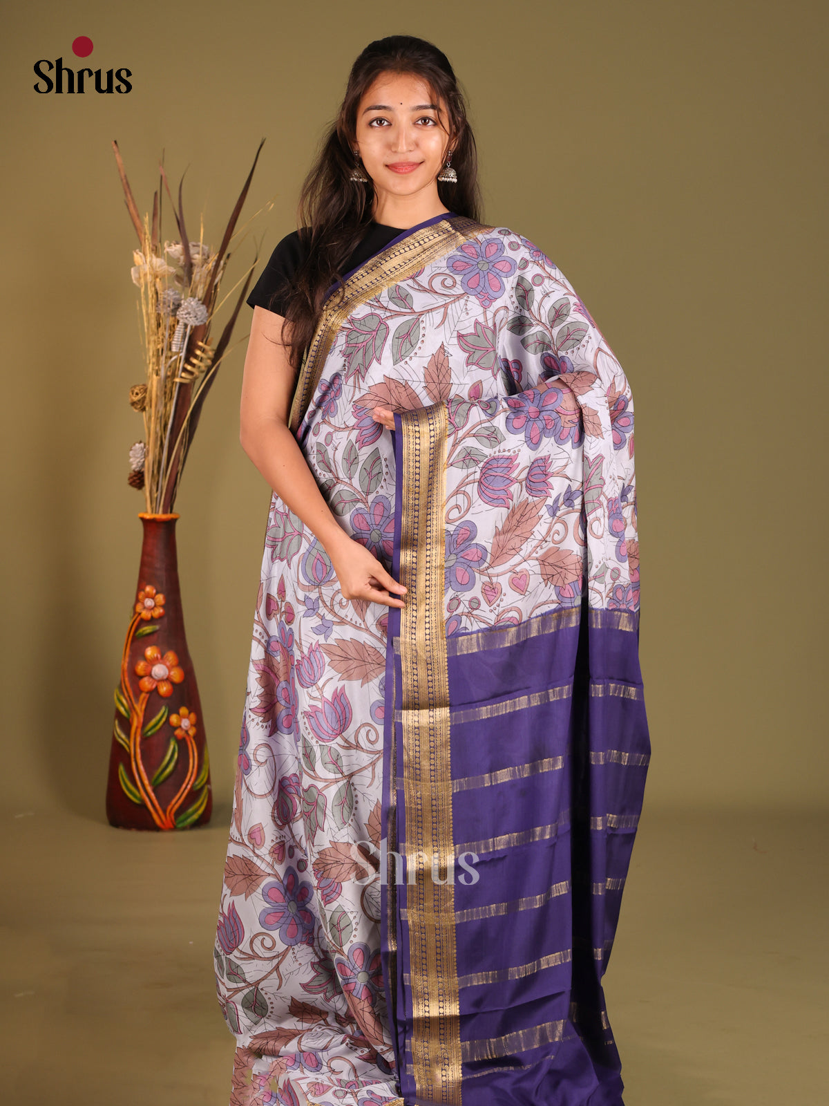 Beautiful Light Navy Printed Mysore Silk Saree With Navy Blue Zari Border